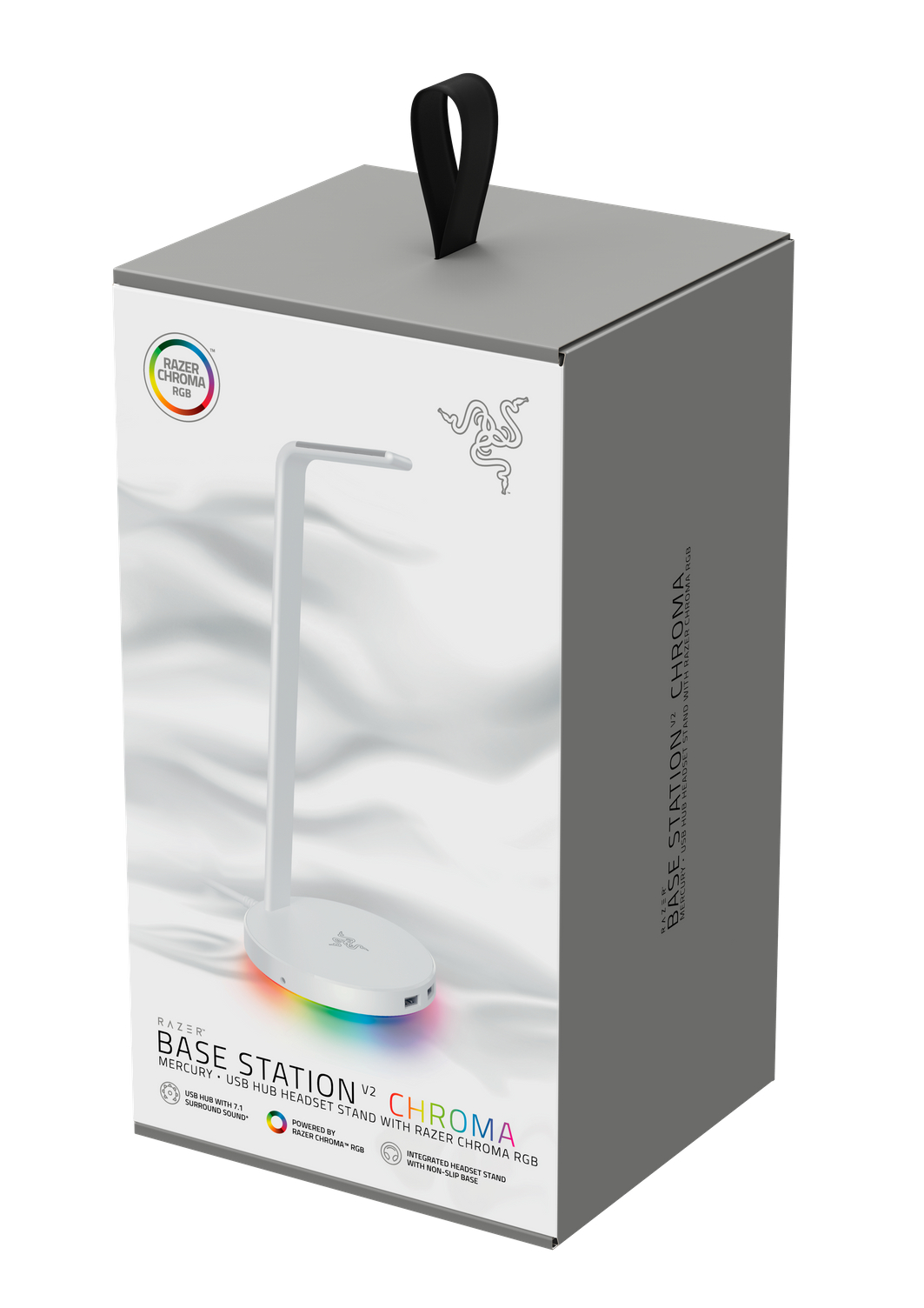 Razer-Headset-Ständerbox. Weißer Ständer mit Logo und RGB-Beleuchtung, schwarzer Griff.