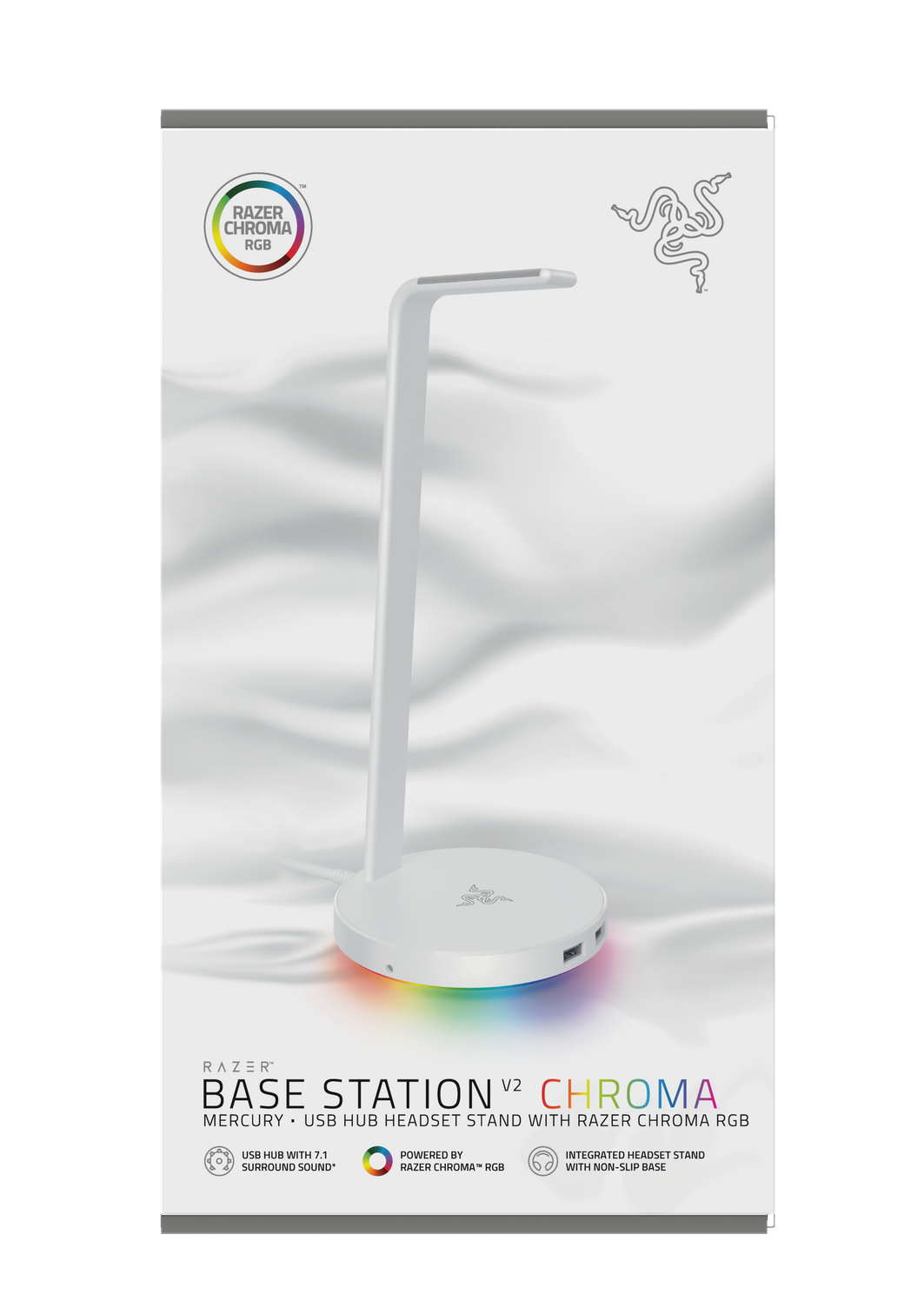 Weiße Razer Chroma Basisstation für ein Headset, mit bunten Lichtern.