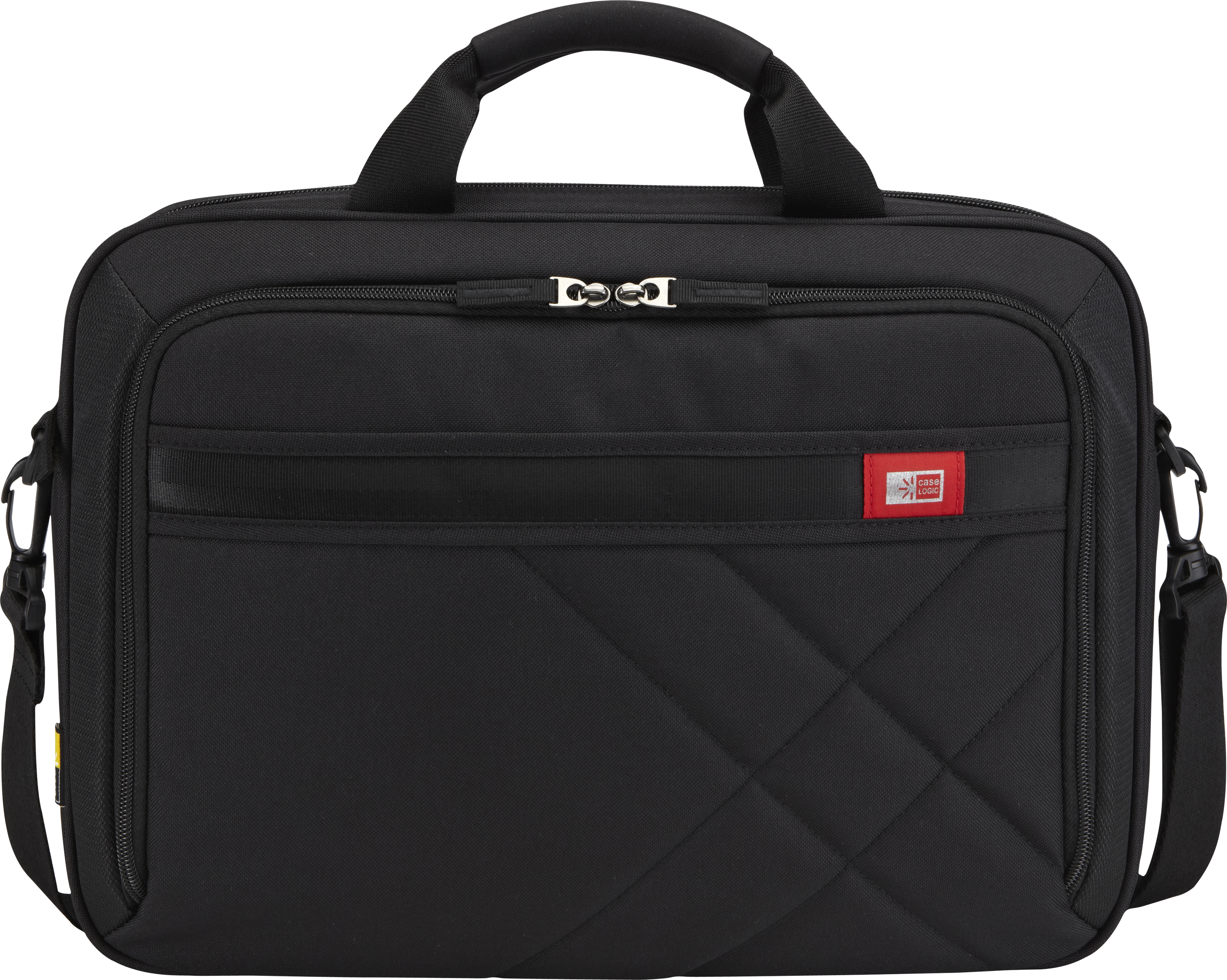 Una borsa per laptop Caselogic nera con maniglia e tracolla.