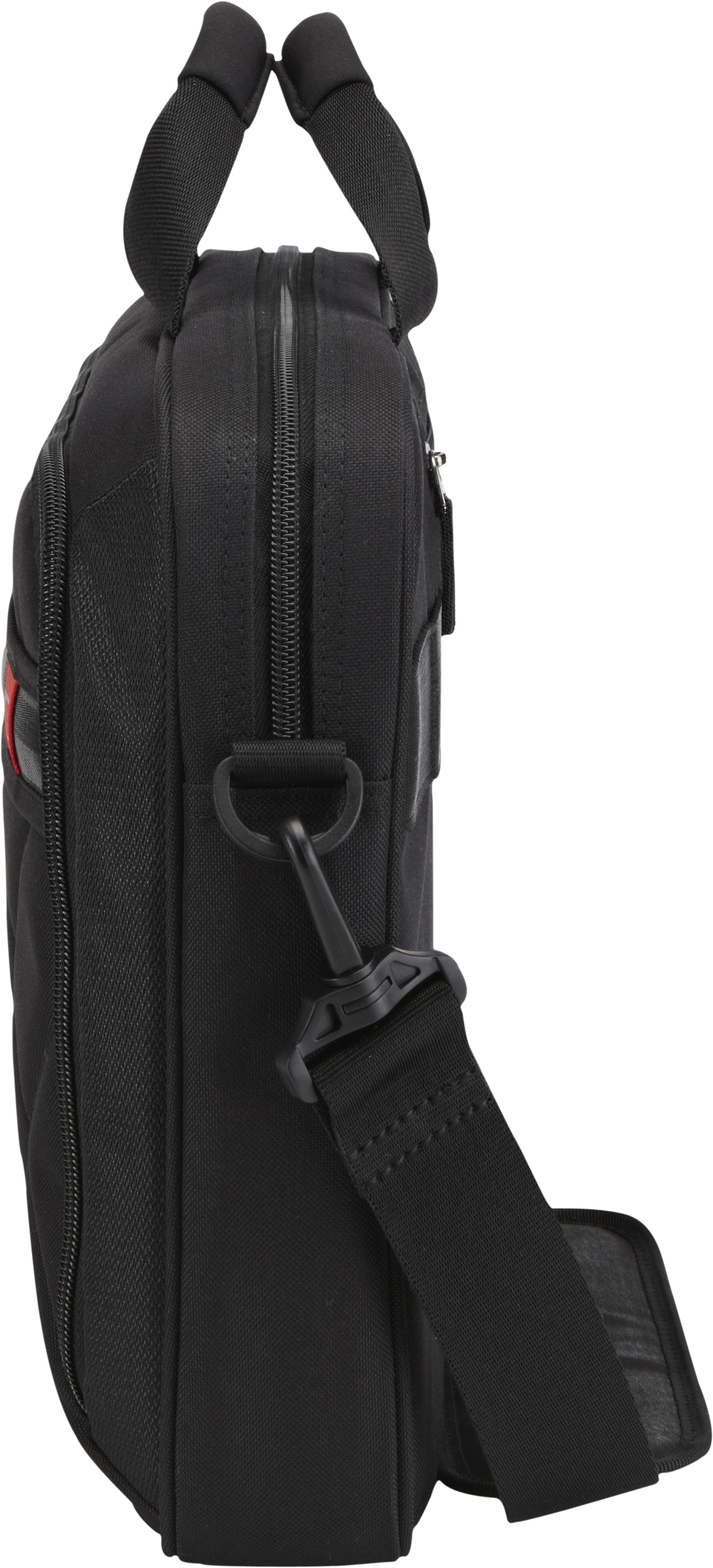 Borsa a tracolla nera con manico e tracolla. La borsa è vista di lato.