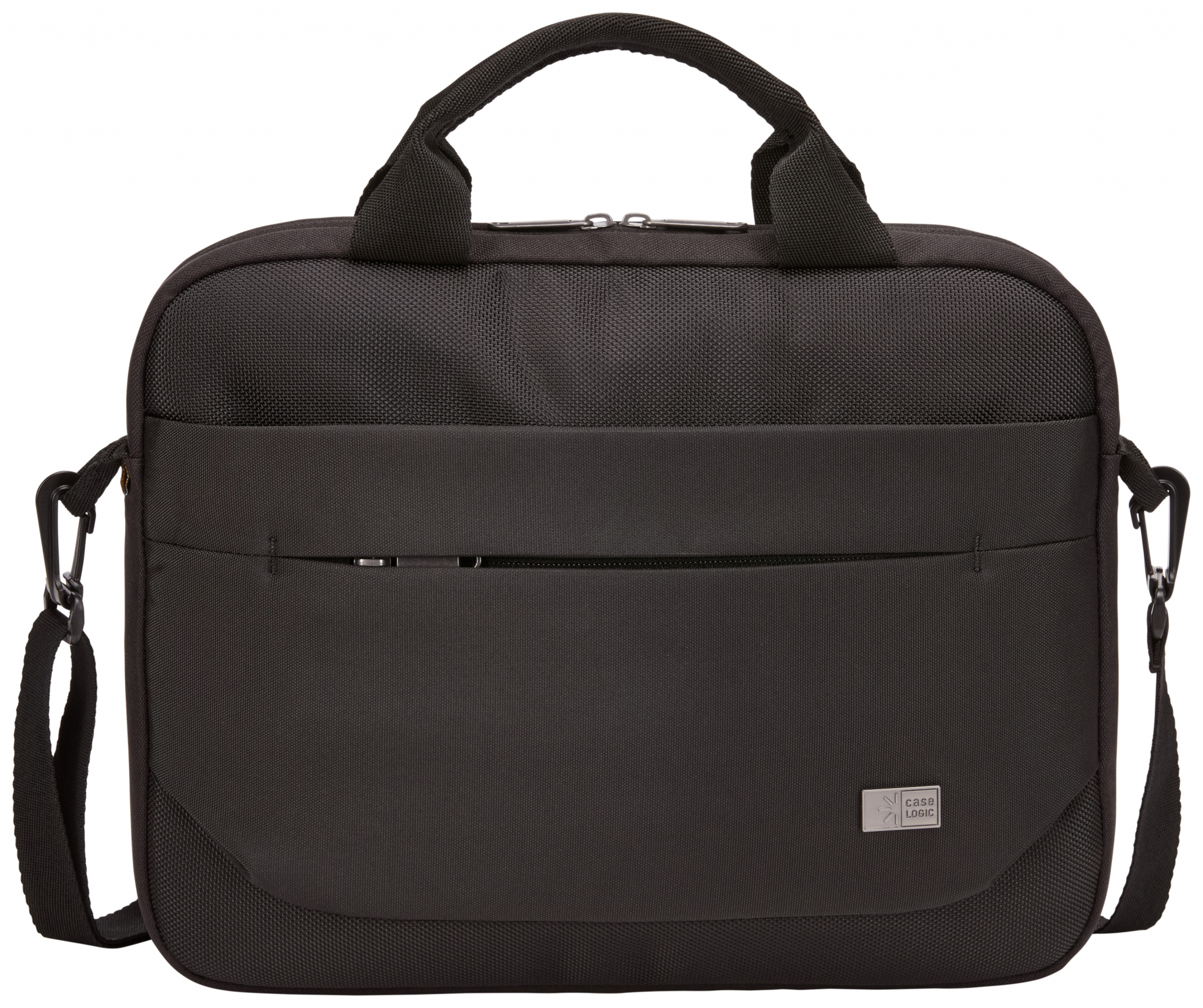 Zwarte laptoptas met handvat en schouderriem. Case Logic logo is zichtbaar.