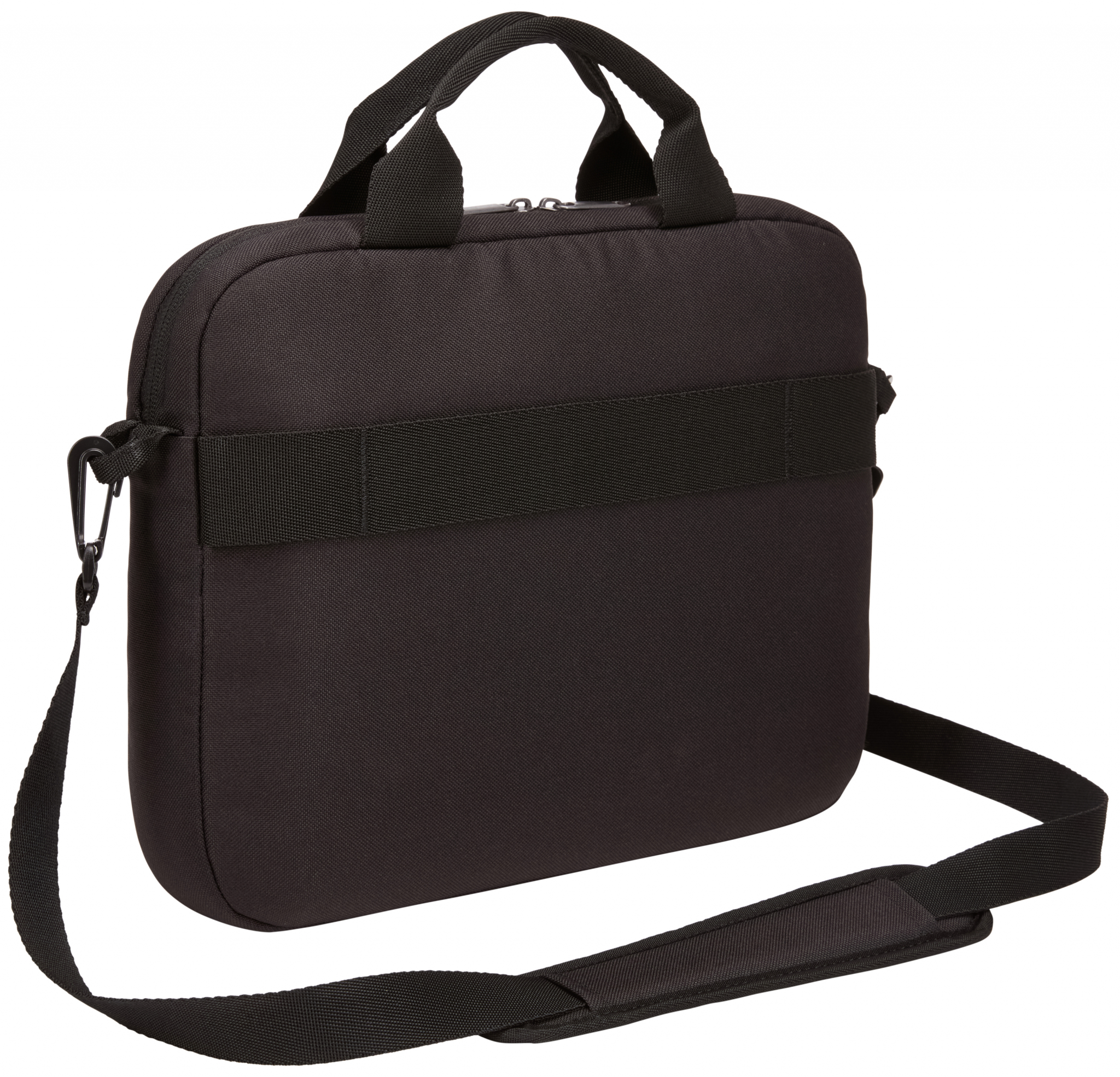 Een zwarte laptoptas met een schouderriem.