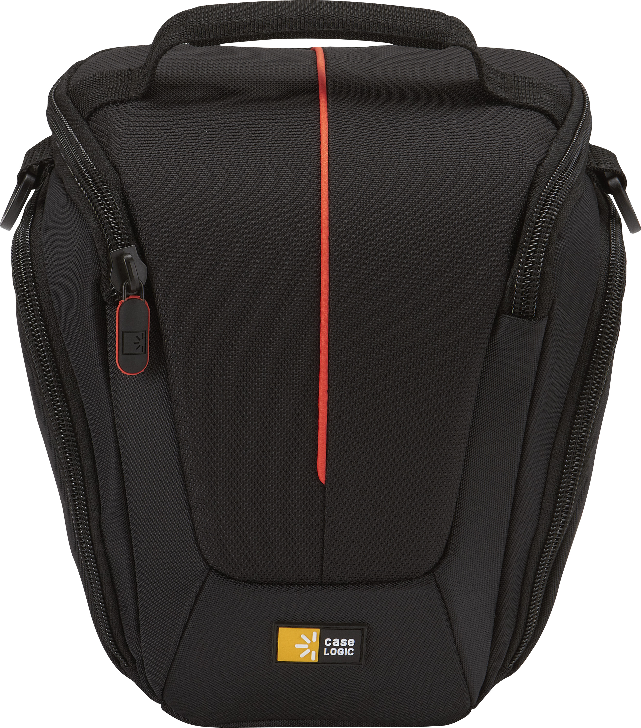 Borsa per fotocamera nera con una striscia rossa e logo Case Logic.