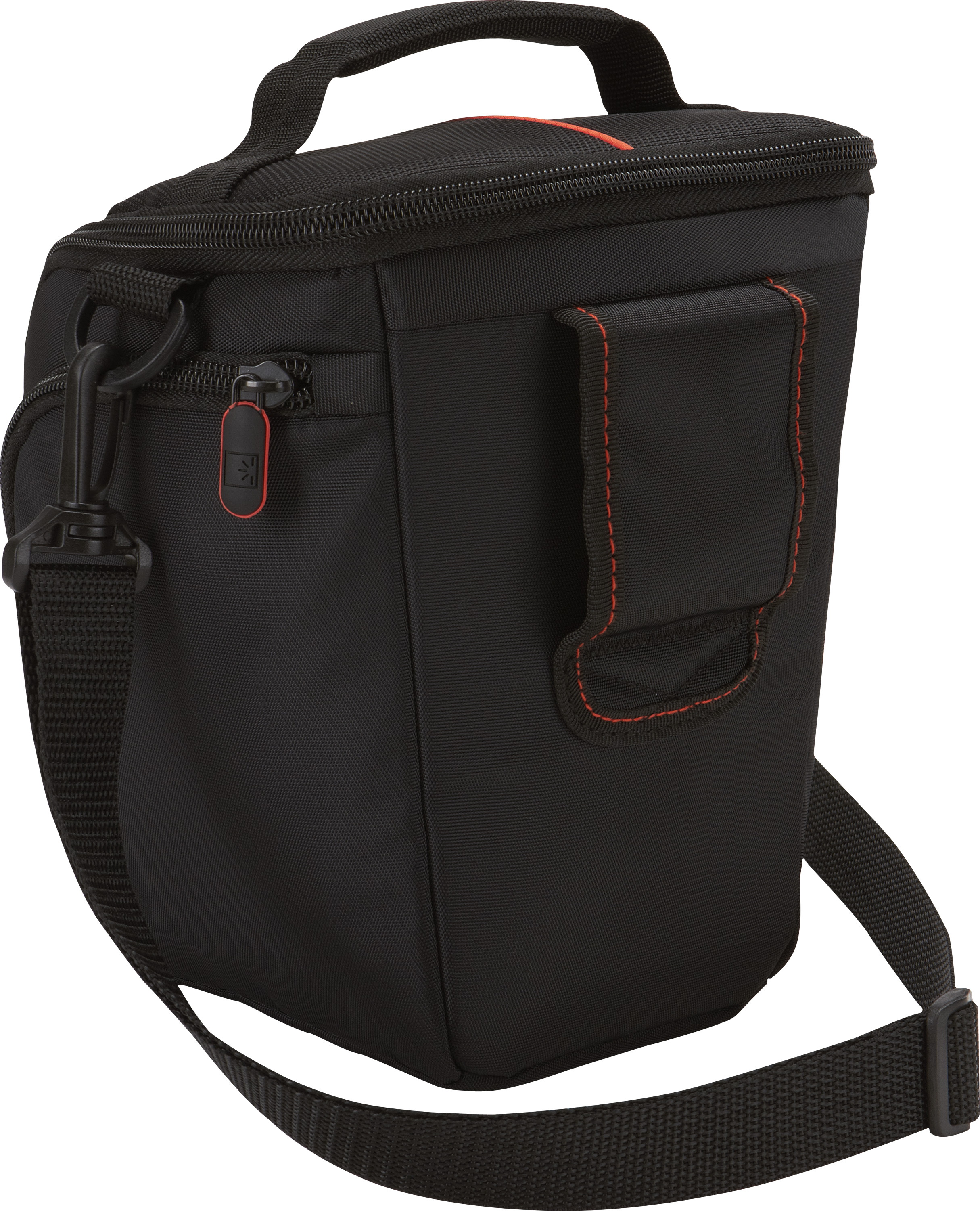 Borsa fotocamera nera con tracolla. Tirante della cerniera rosso e cuciture rosse. Logo CaseLogic rosso.