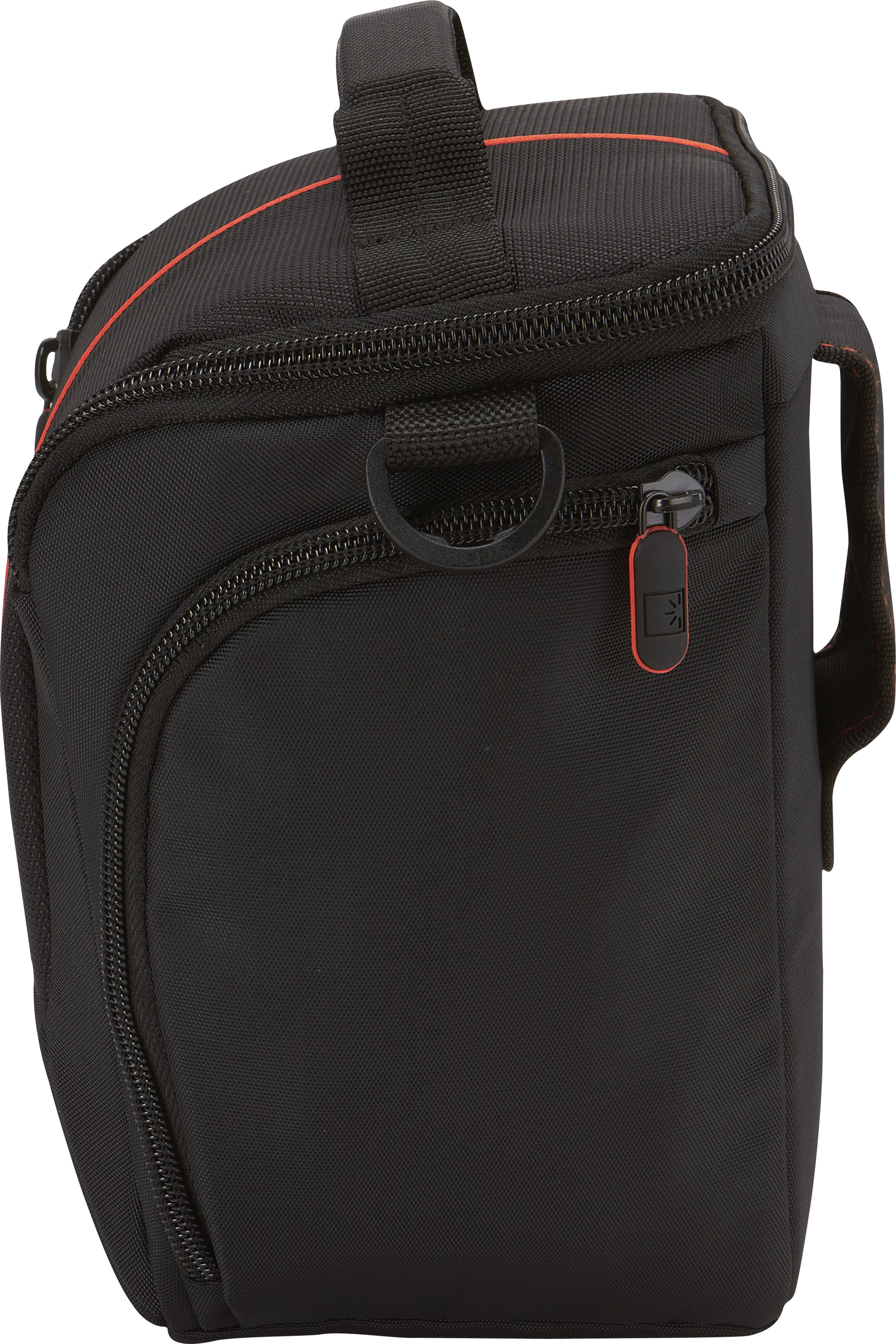 Borsa fotocamera nera con finiture rosse. Cerniera e maniglia. Vista laterale. Logo Case Logic sulla zip.