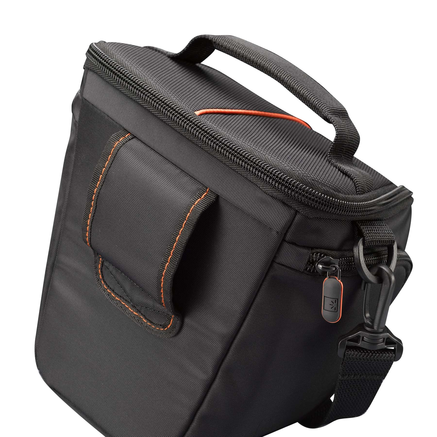 Borsa fotografica nera con cuciture arancioni e manico.