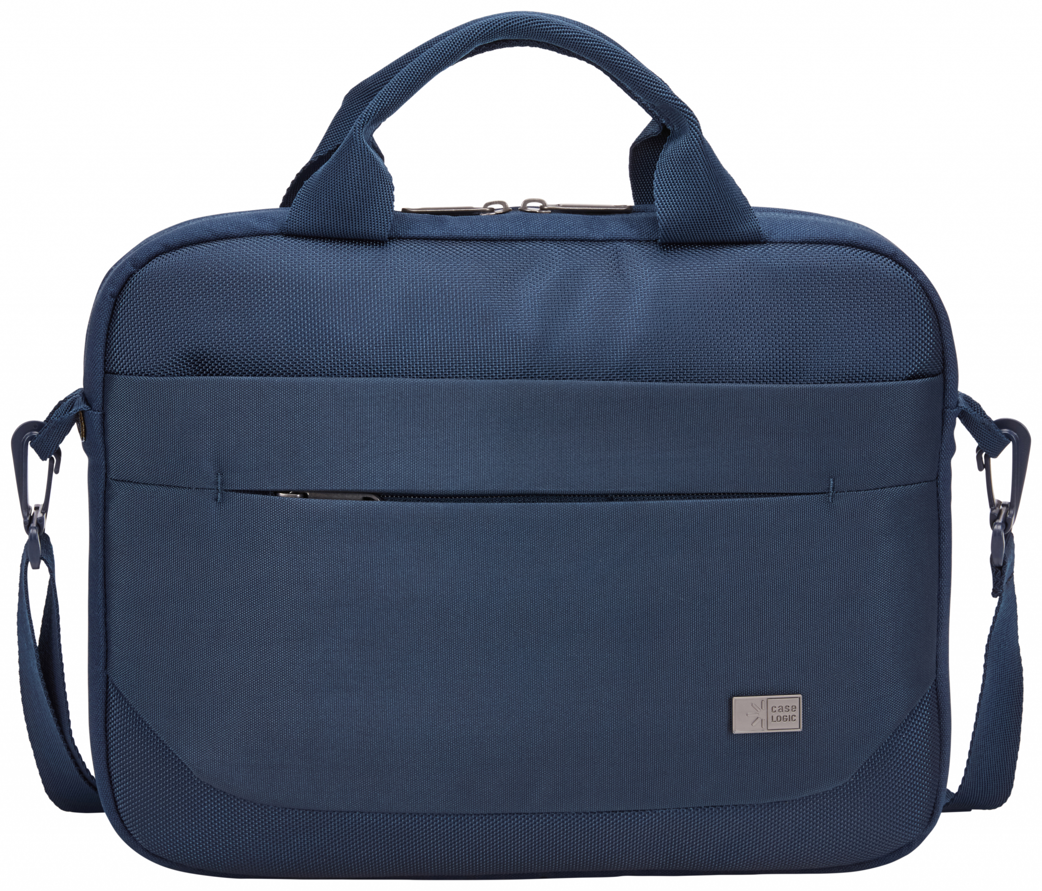 Blauwe laptoptas met handvat en schouderriem. Zilveren sluiting.