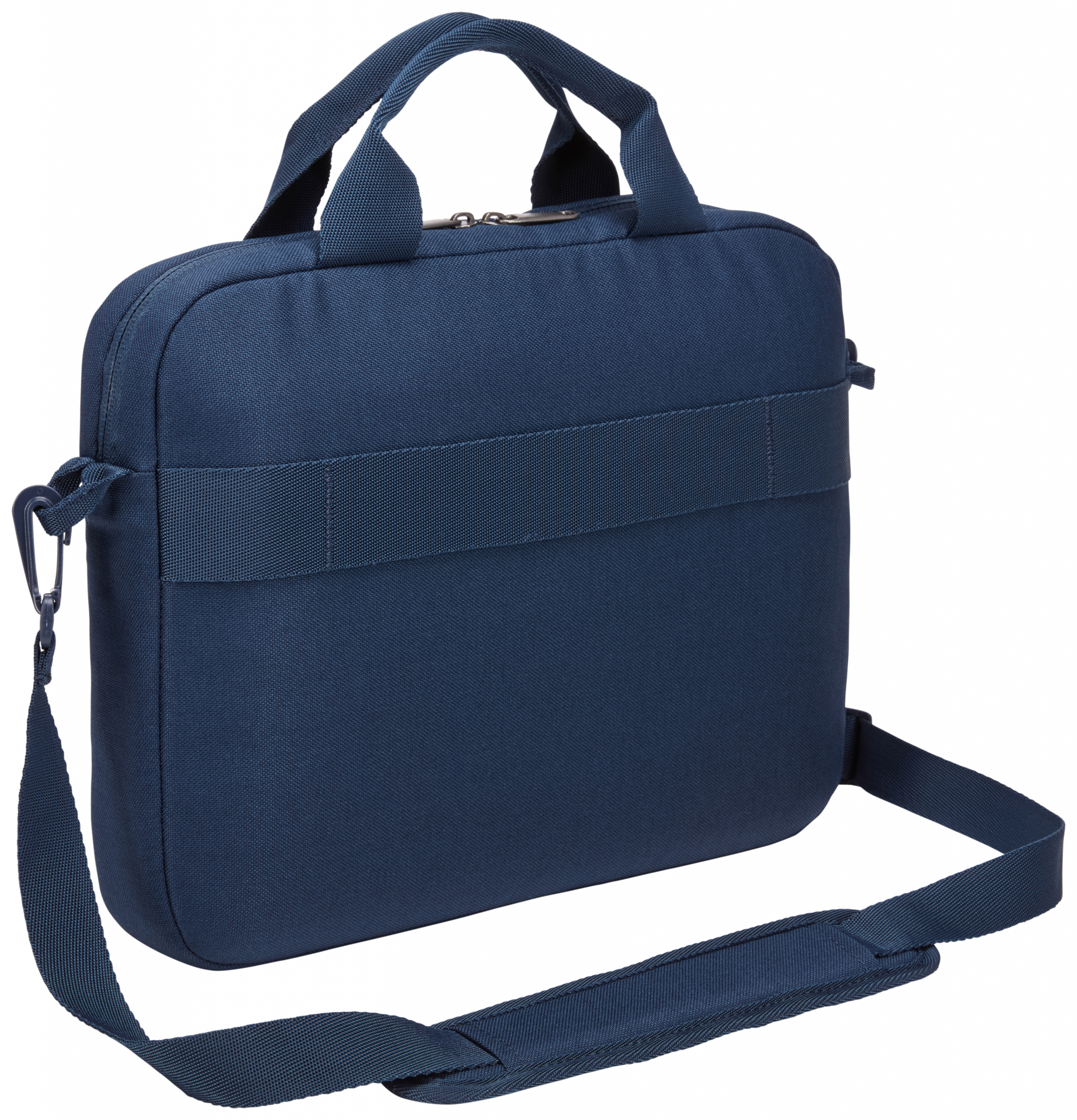 Marineblauwe laptoptas. Het heeft een schouderriem en een handvat. Achtergrond is wit.