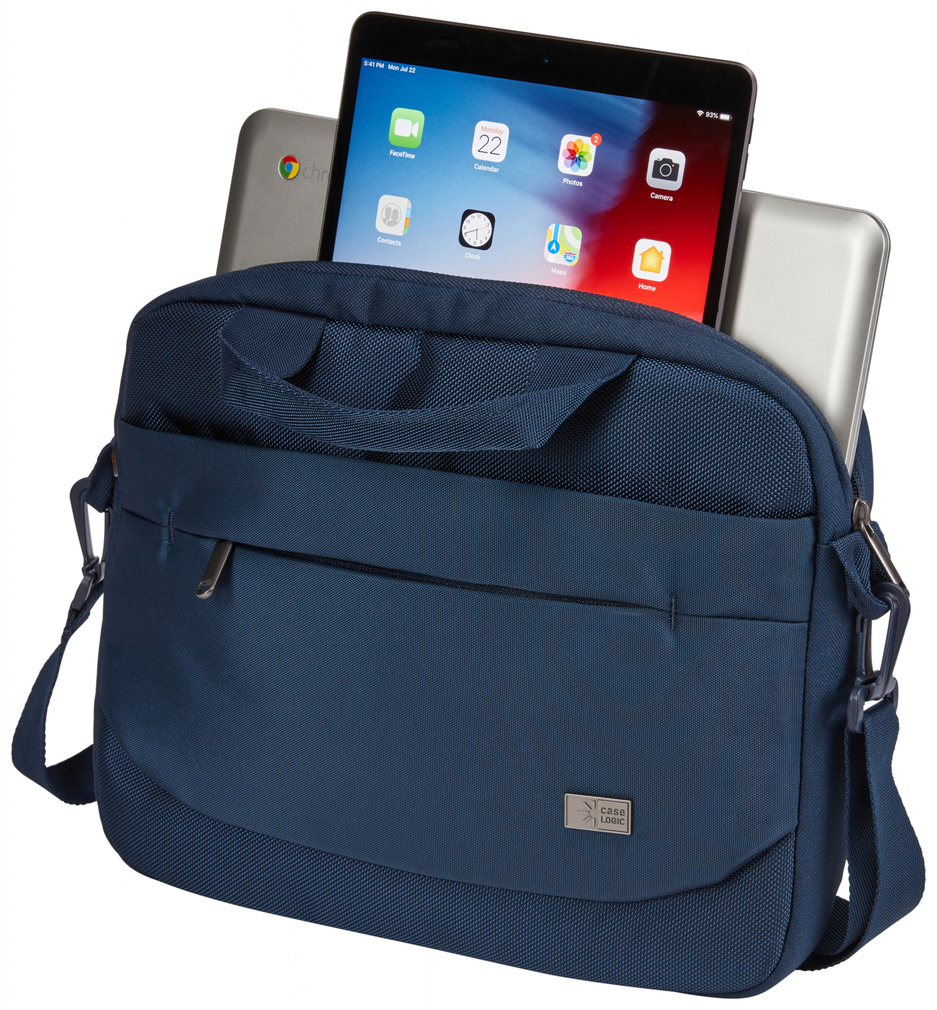 Een blauwe schoudertas met een tablet en een laptop erin, en een Chromebook.