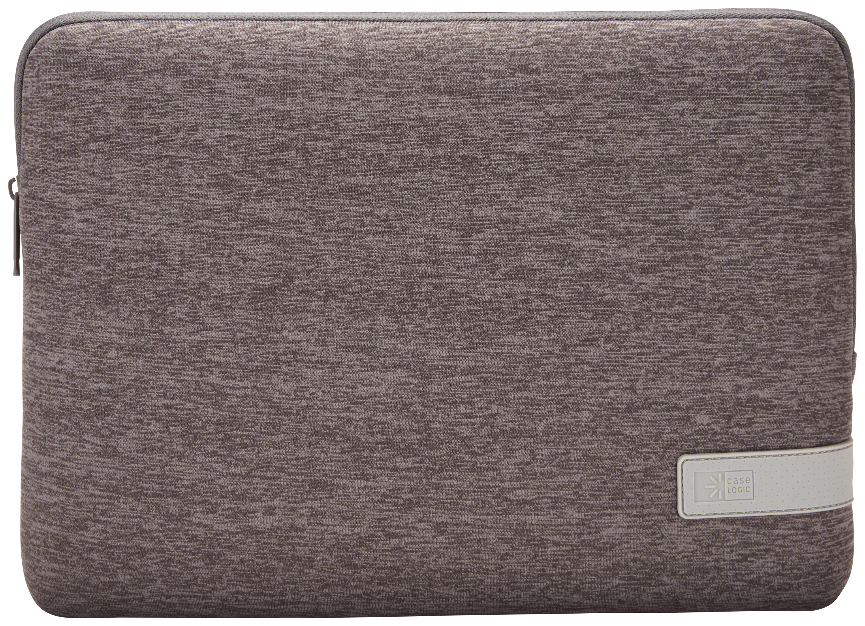 Una custodia grigia per laptop con cerniera e etichetta Case Logic, su sfondo bianco.