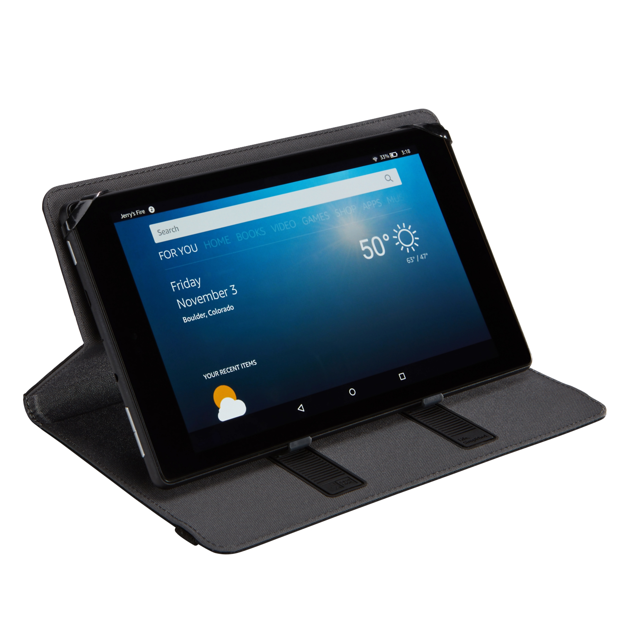 Tablet nero in una custodia nera, che mostra informazioni meteorologiche sullo schermo.