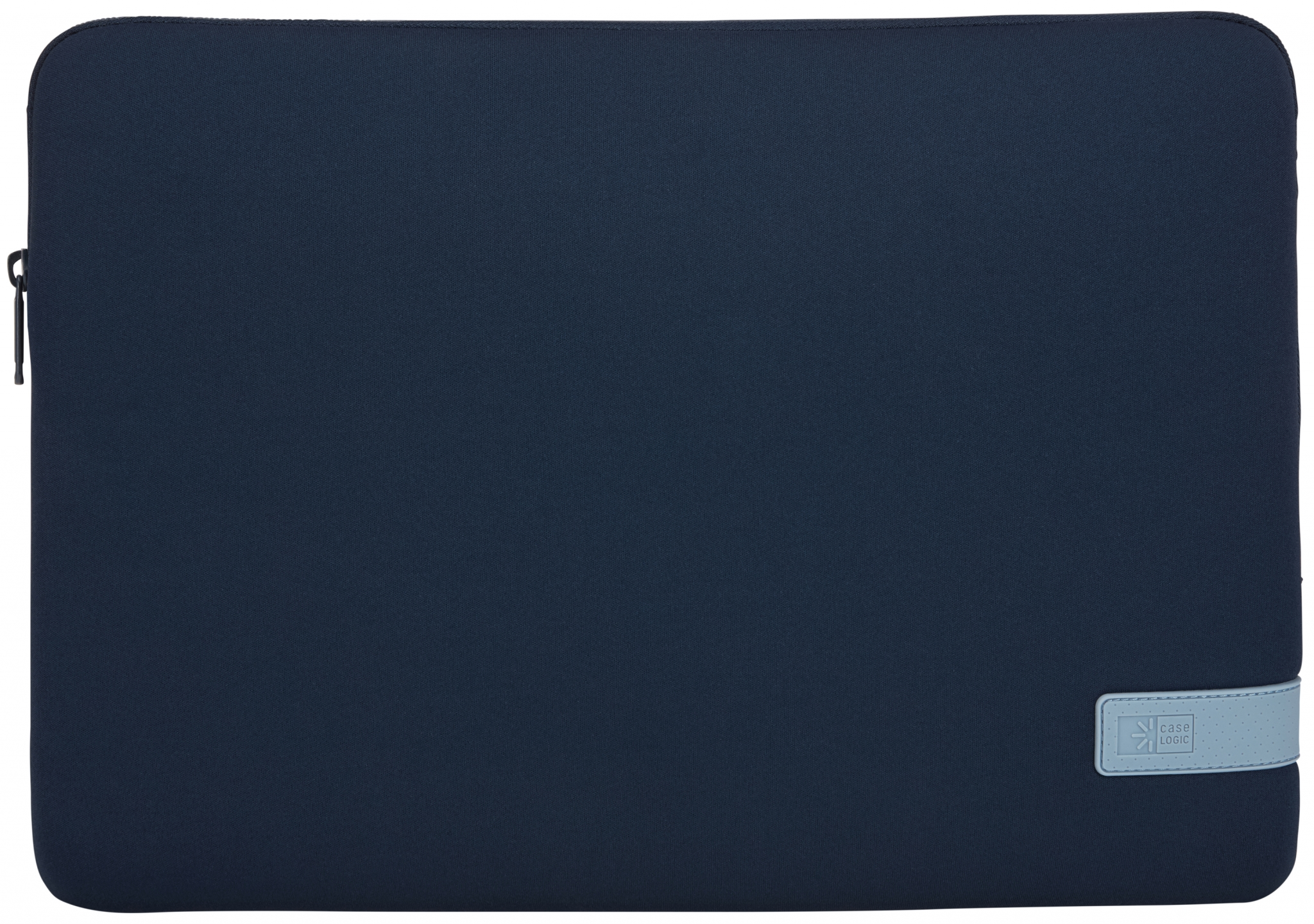 Custodia per laptop blu navy. La custodia ha un accento azzurro e una chiusura con cerniera.