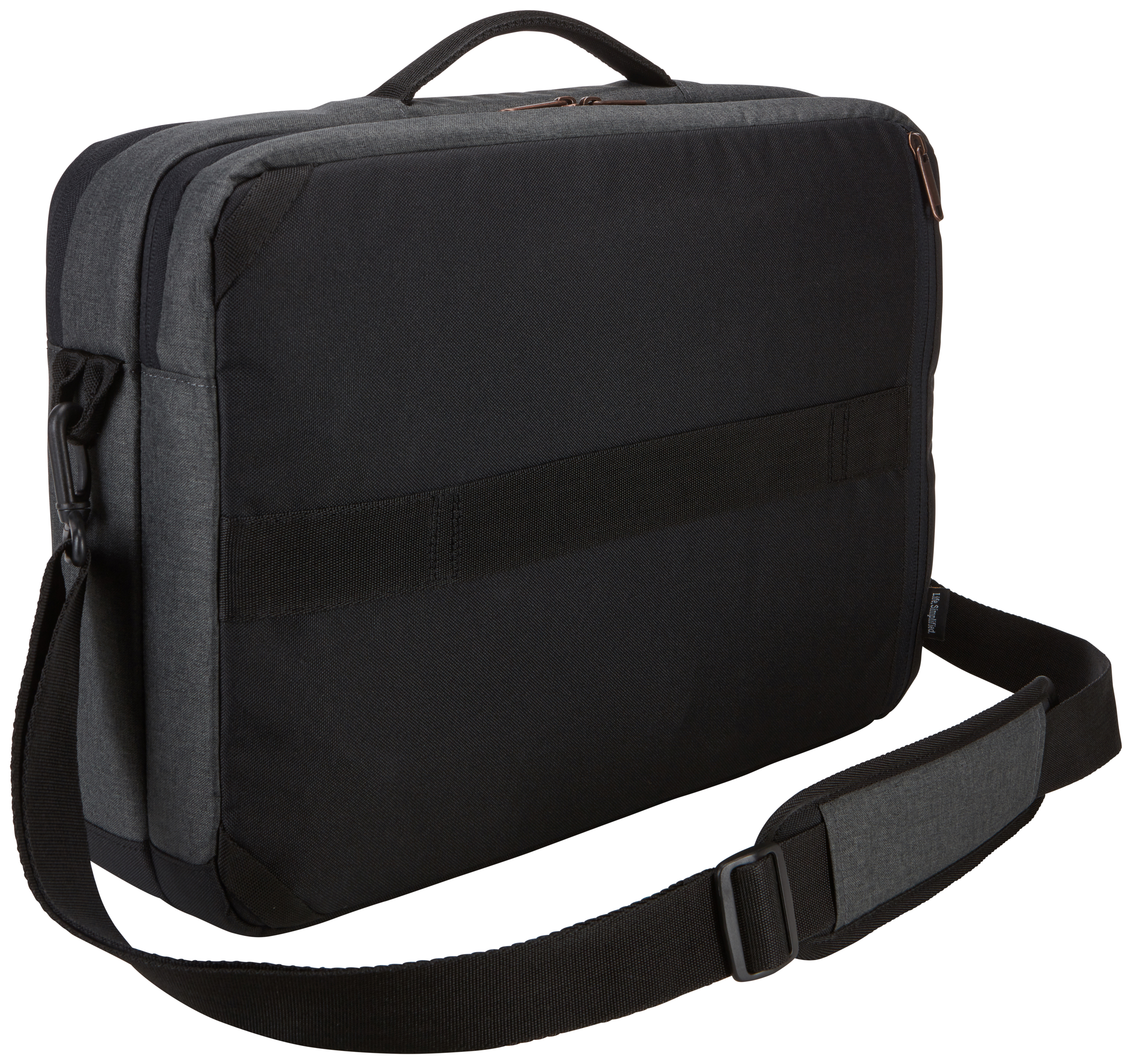 Borsa per laptop nera e grigia con tracolla e manico.