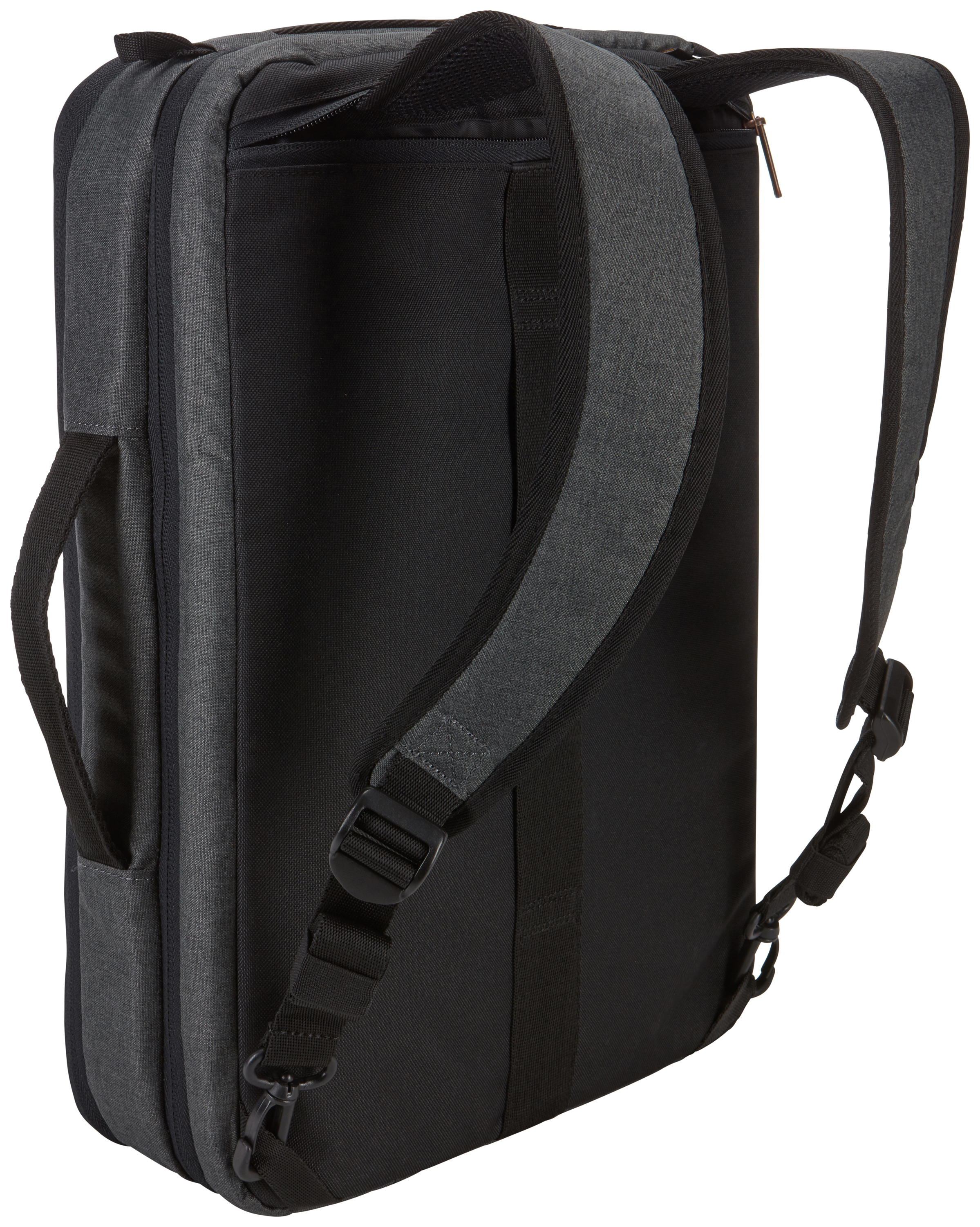 Zaino grigio con cinghie nere. Retro della borsa con spallacci visibili.