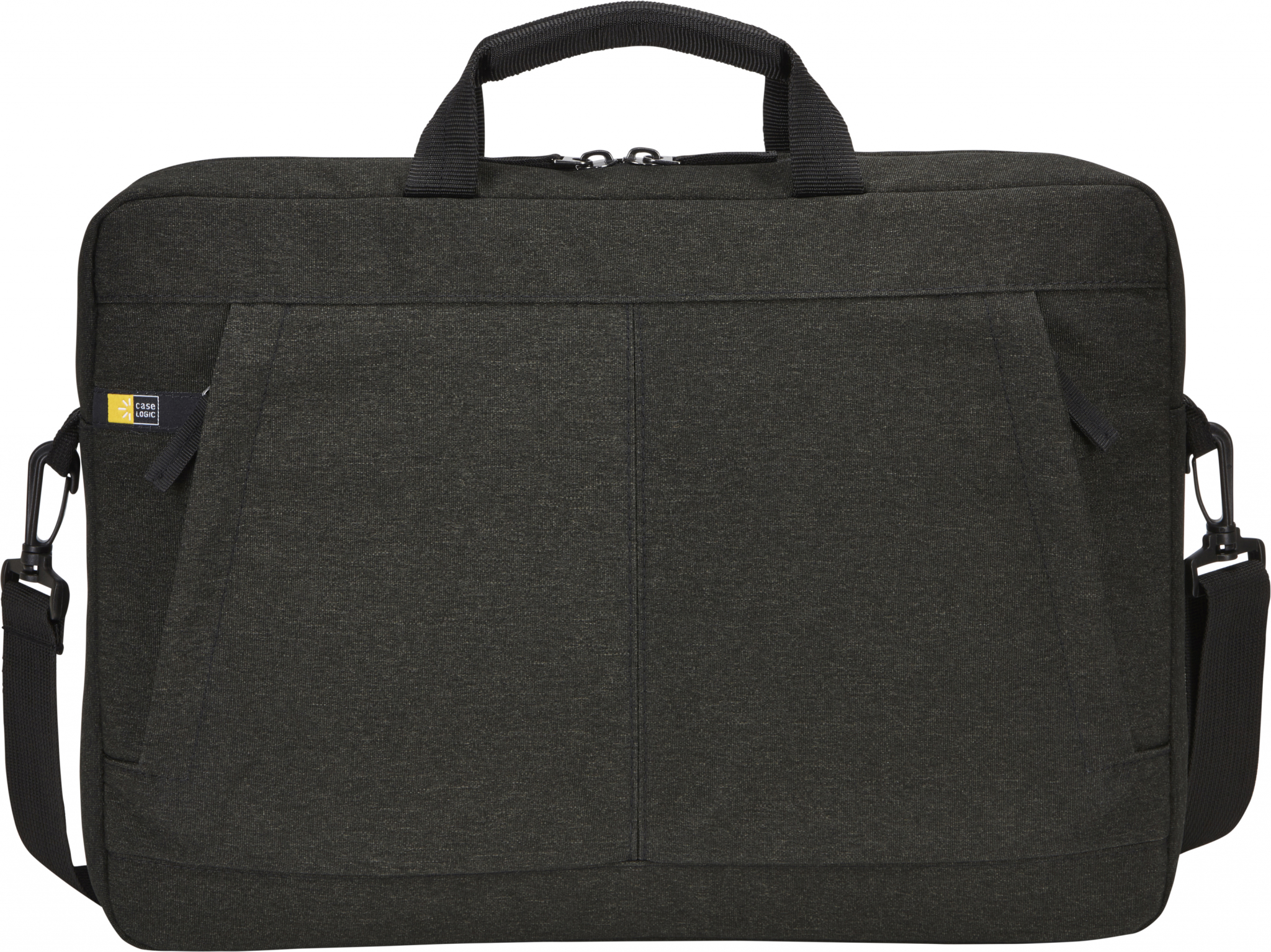 Sacoche pour ordinateur portable noire avec poignée, bandoulière et poche avant.