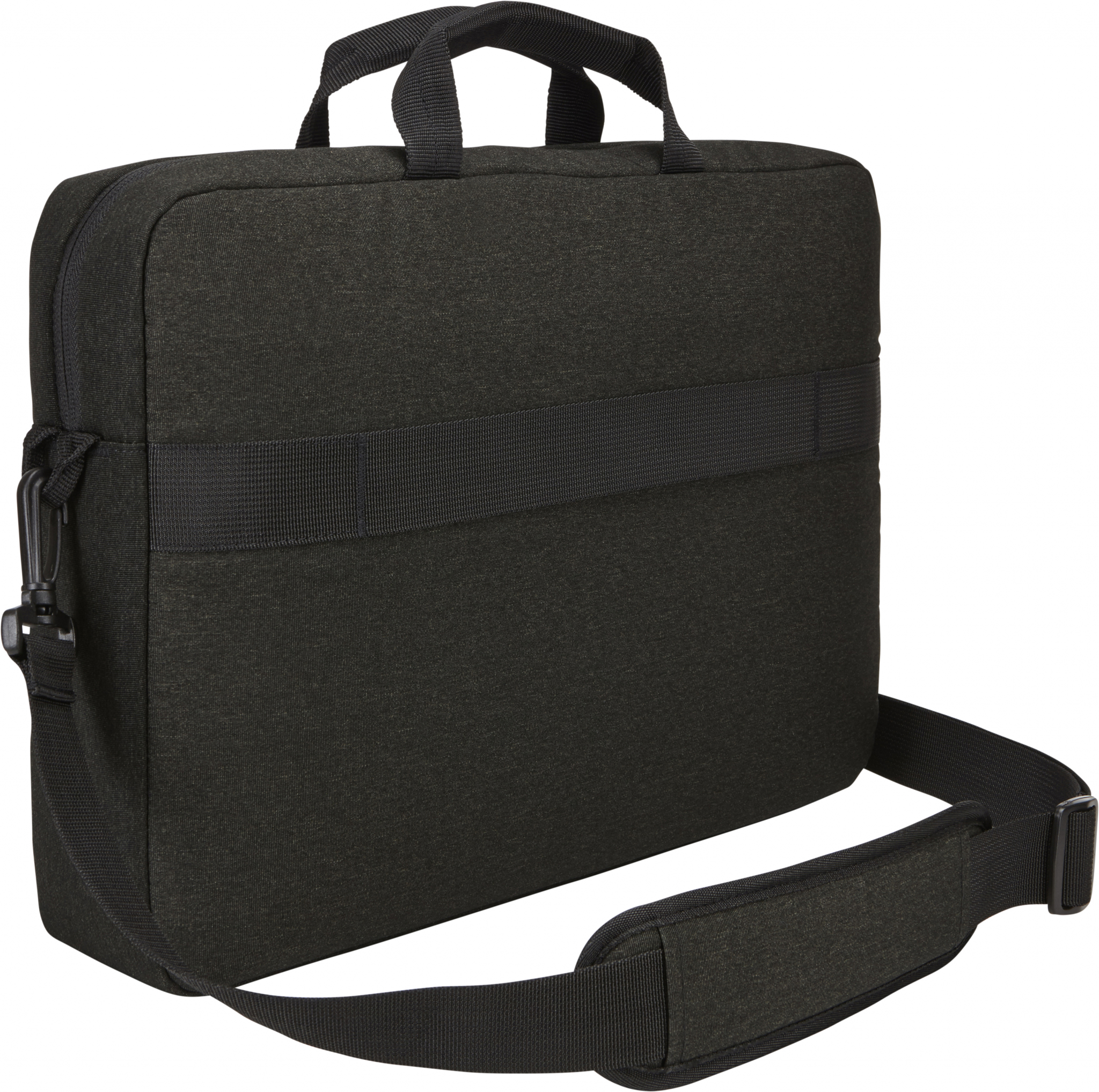 Un sac d'ordinateur portable noir avec une bandoulière et une poignée. Fond noir.