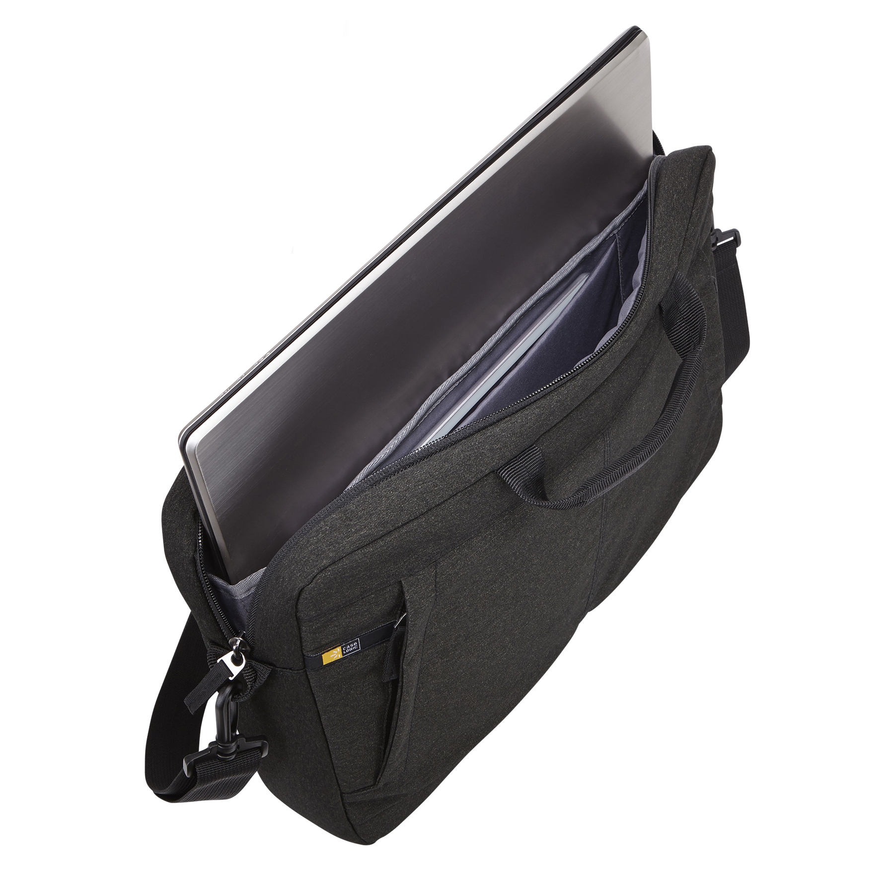 Ordinateur portable dans un sac pour ordinateur portable en tissu noir, ouvert pour montrer l'intérieur.