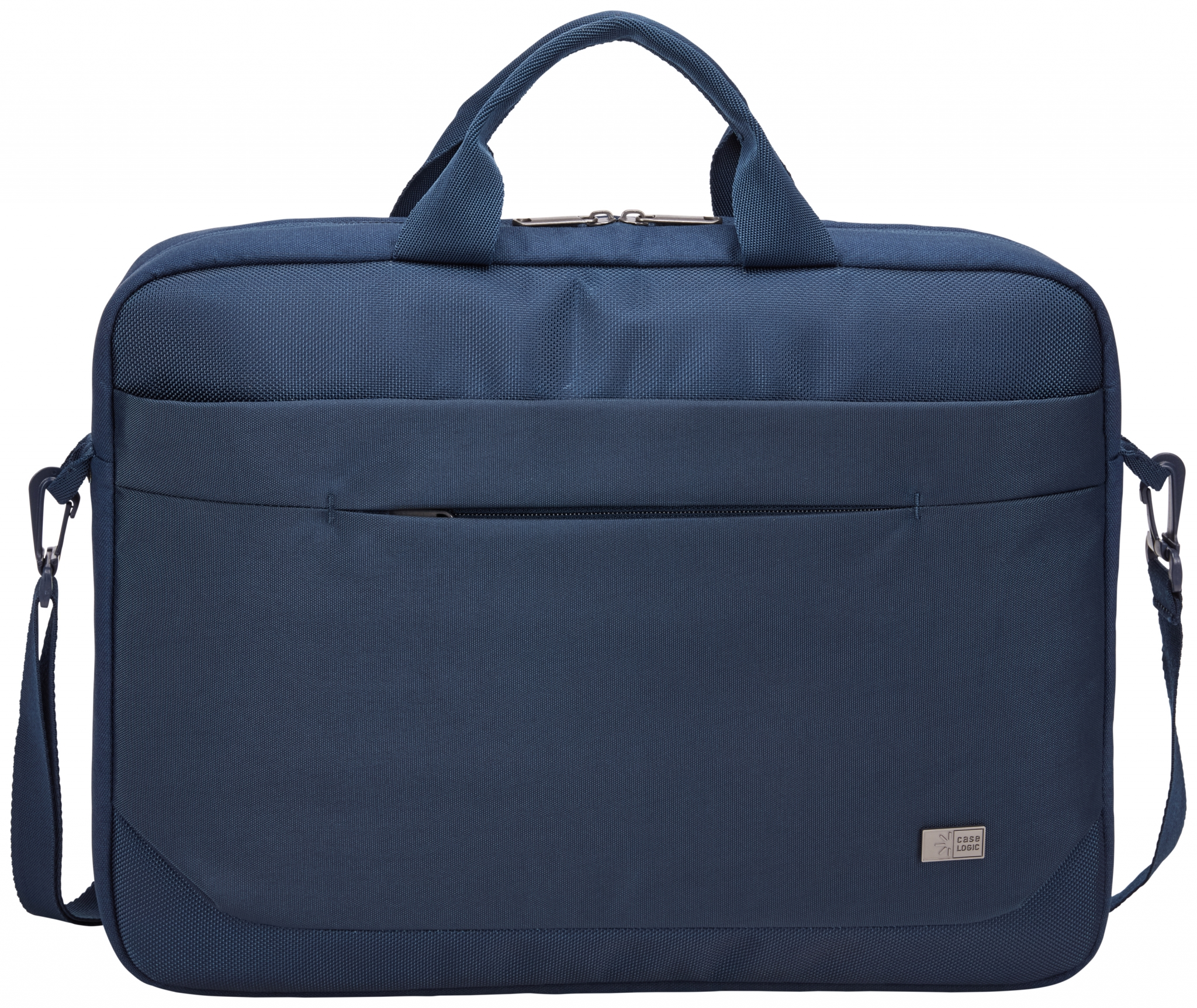 Borsa per laptop Case Logic blu con tracolla e maniglia. Sfondo bianco.