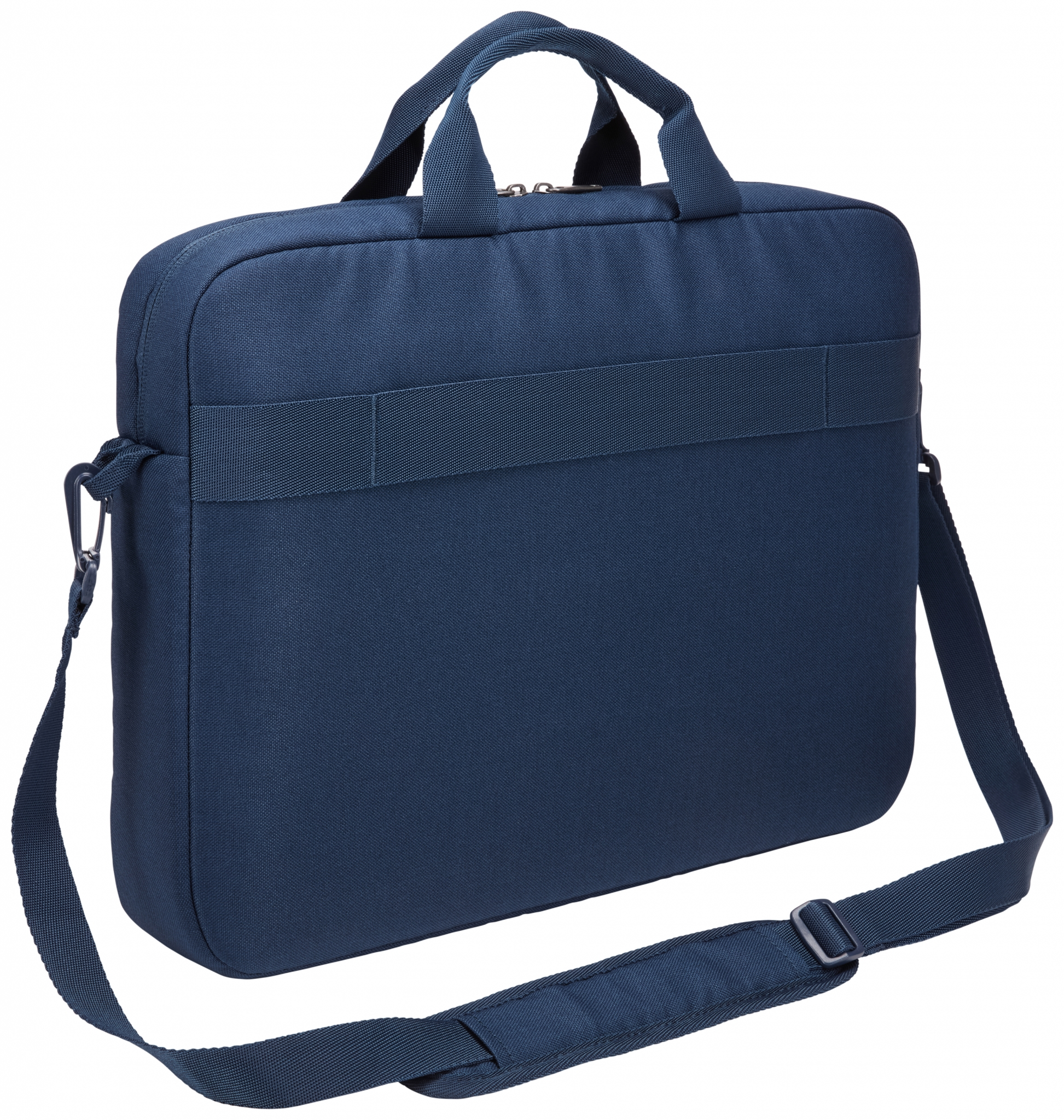 Una borsa per laptop blu navy con tracolla. La borsa ha una maniglia e una cerniera.