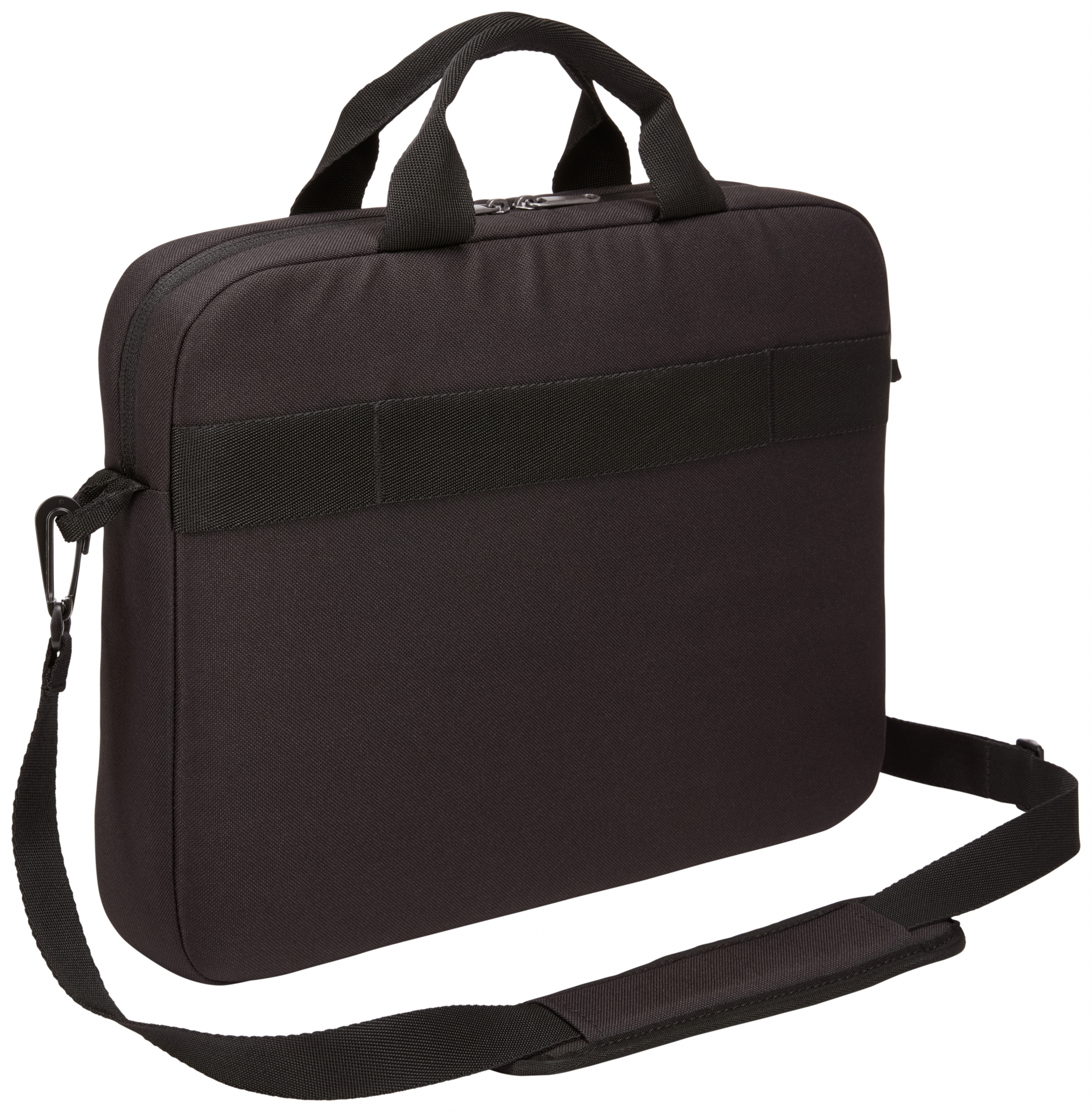 Borsa per laptop nera con manici e tracolla. Cinturino nero sulla borsa.