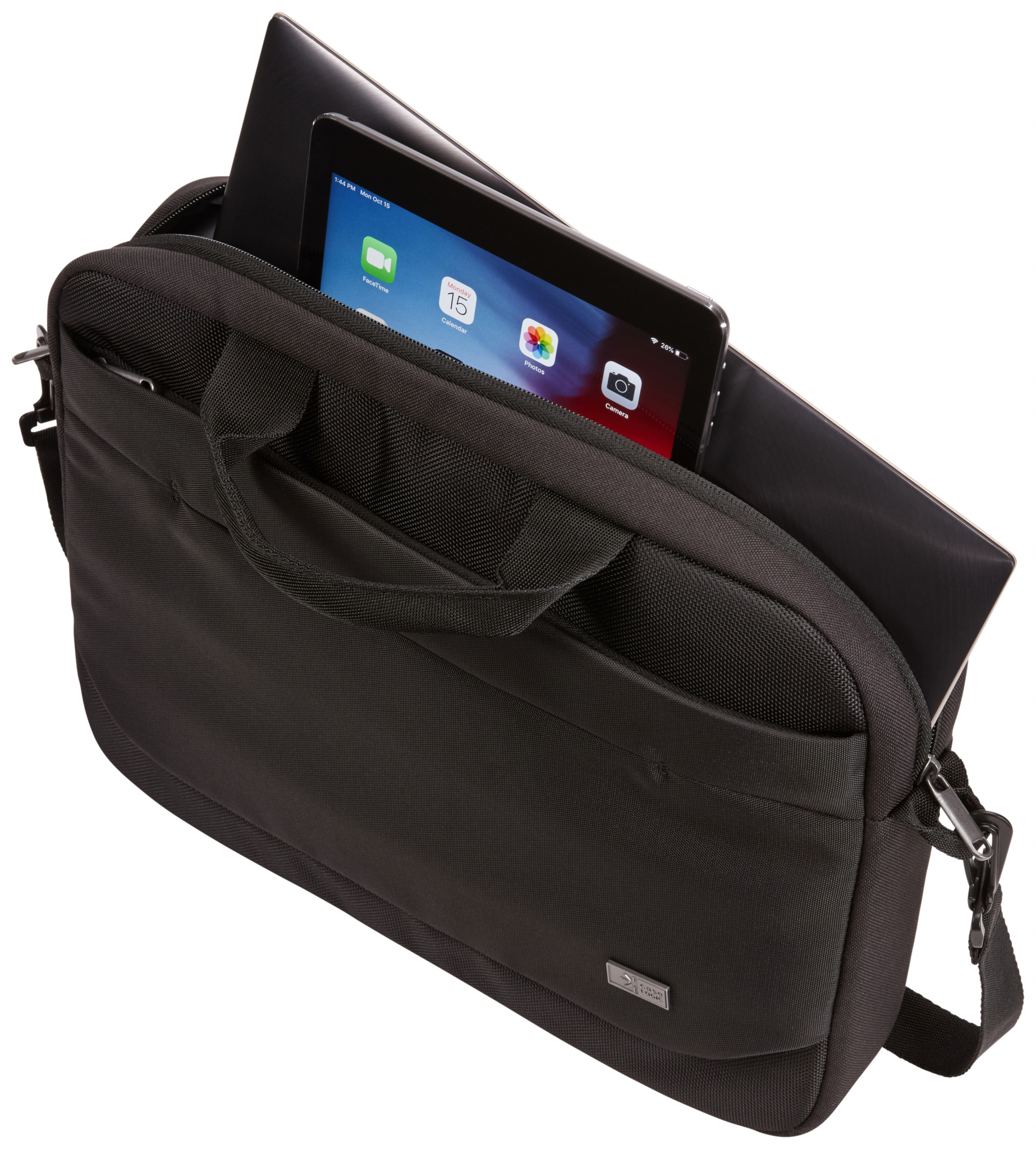 Borsa per laptop nera aperta, con laptop e tablet all'interno, con tracolla.