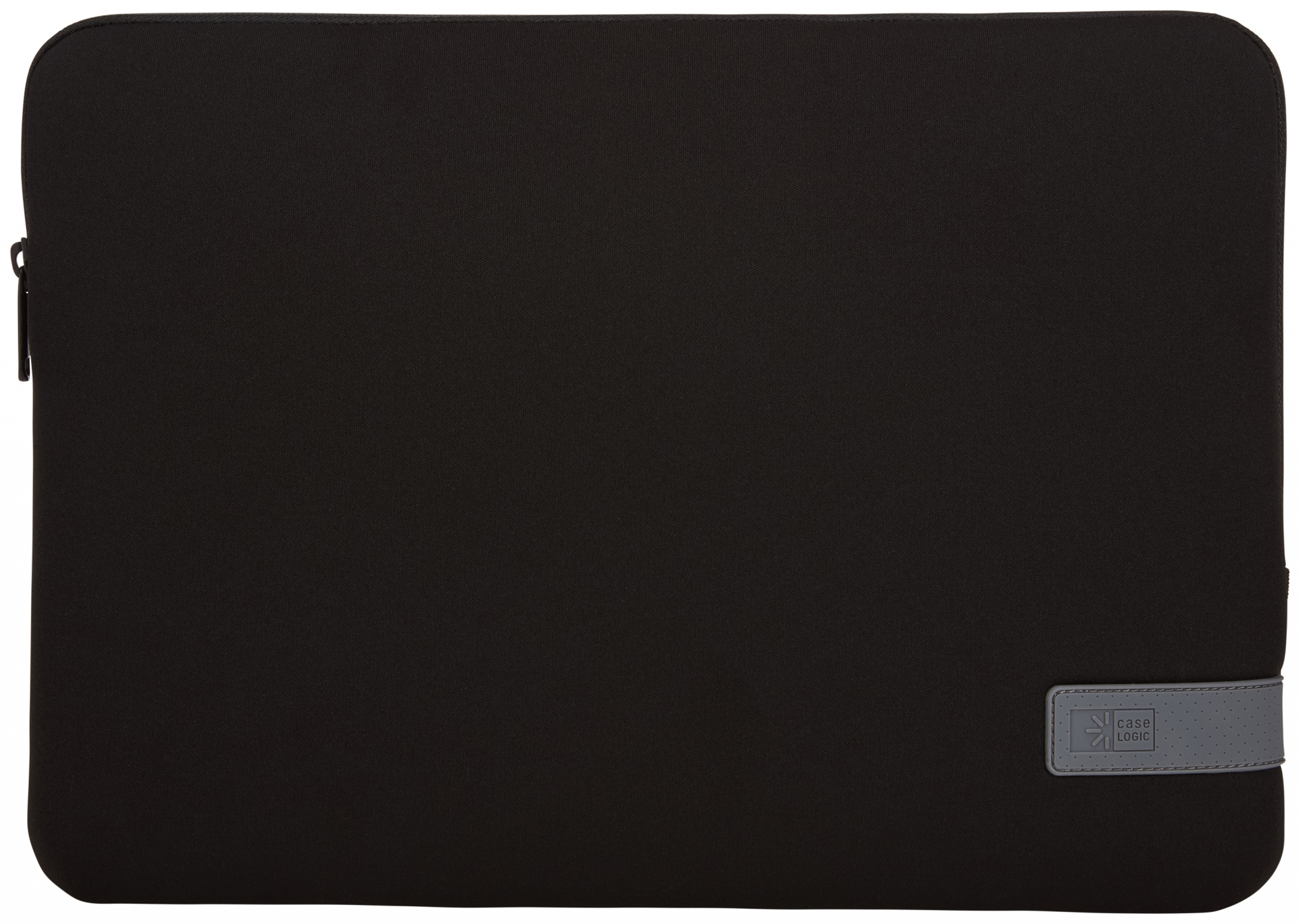 Custodia nera per laptop con etichetta grigia Case Logic su sfondo bianco.