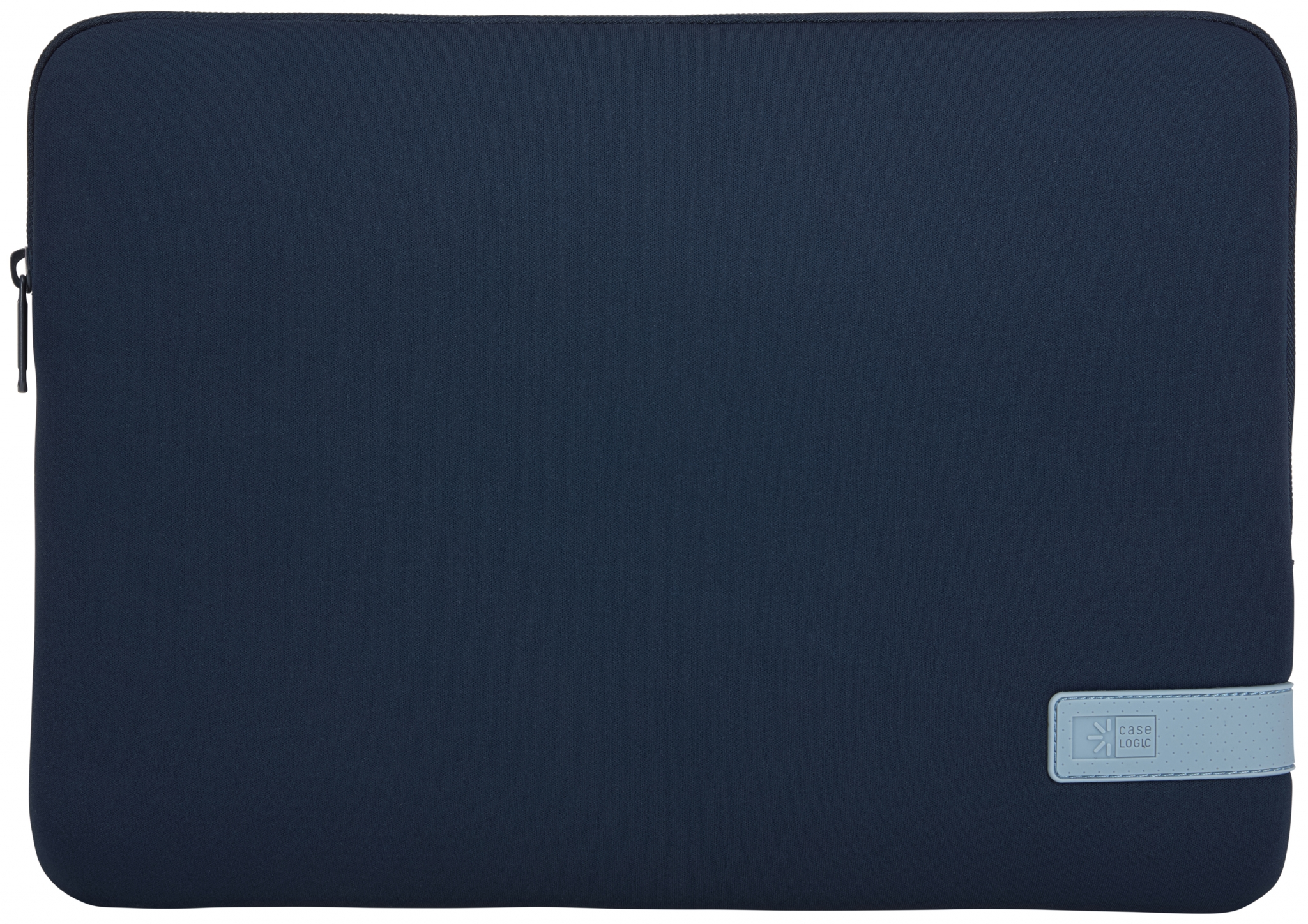Una custodia per laptop blu navy con un'etichetta azzurra e cerniera.