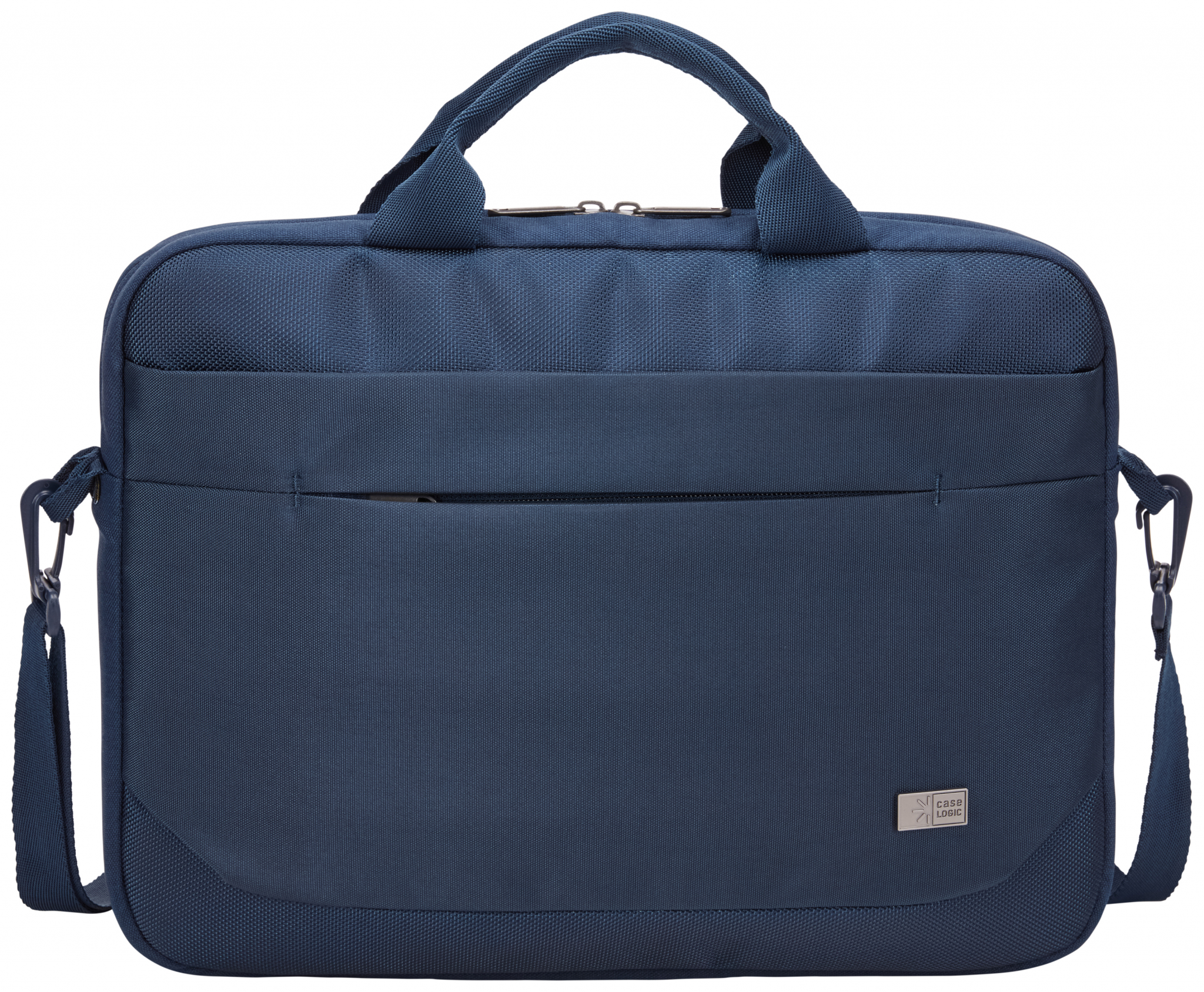 Borsa messenger blu con tracolla. Ha una tasca frontale e il logo Case Logic.