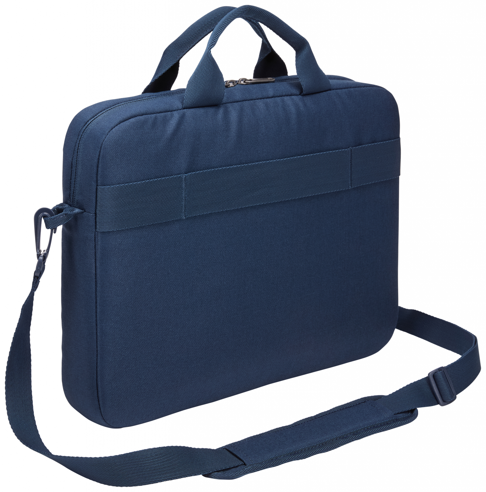 Borsa per laptop blu navy con manici e tracolla. Con cerniera. Sfondo bianco.