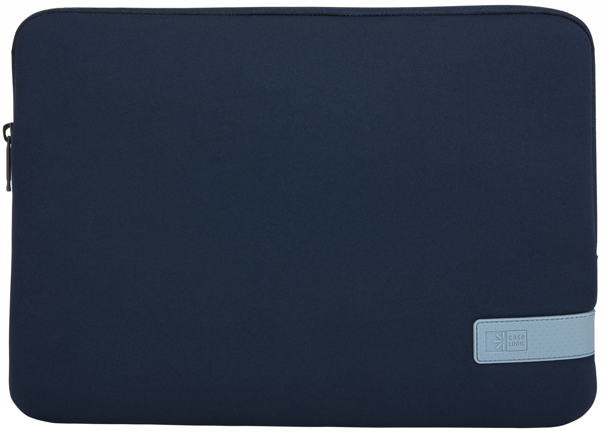 Custodia blu navy per laptop con etichetta azzurra Case Logic su sfondo bianco.