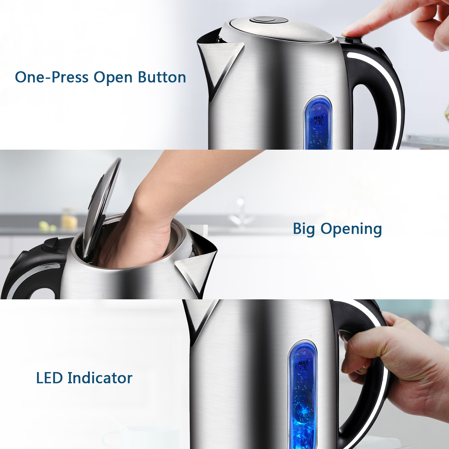 Un bollitore elettrico in acciaio inossidabile con indicatore LED blu. Il bollitore ha un pulsante di apertura a una pressione.