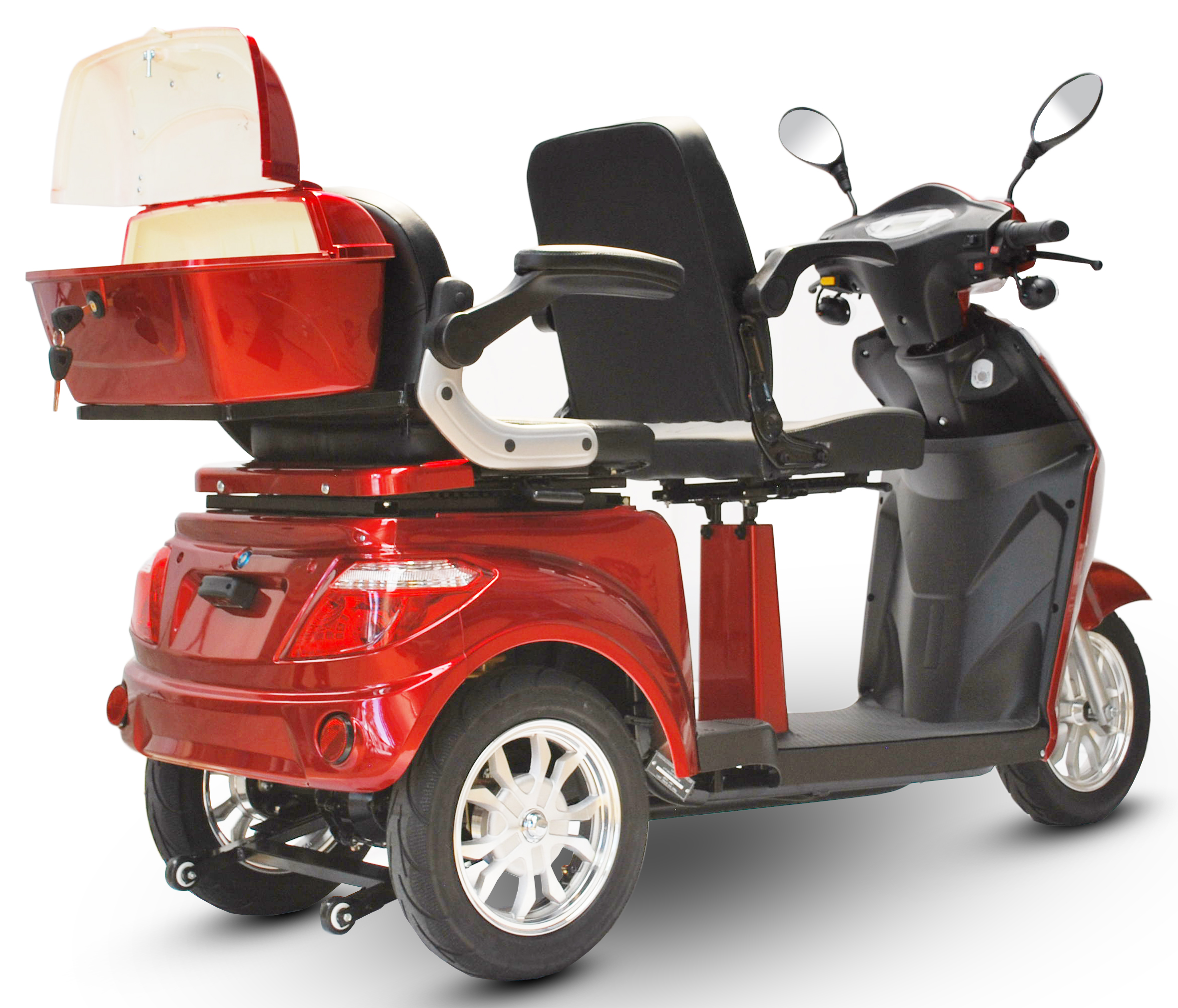 Ein roter Mobilitätsroller mit Heckstauraum und zwei Seitenspiegeln.
