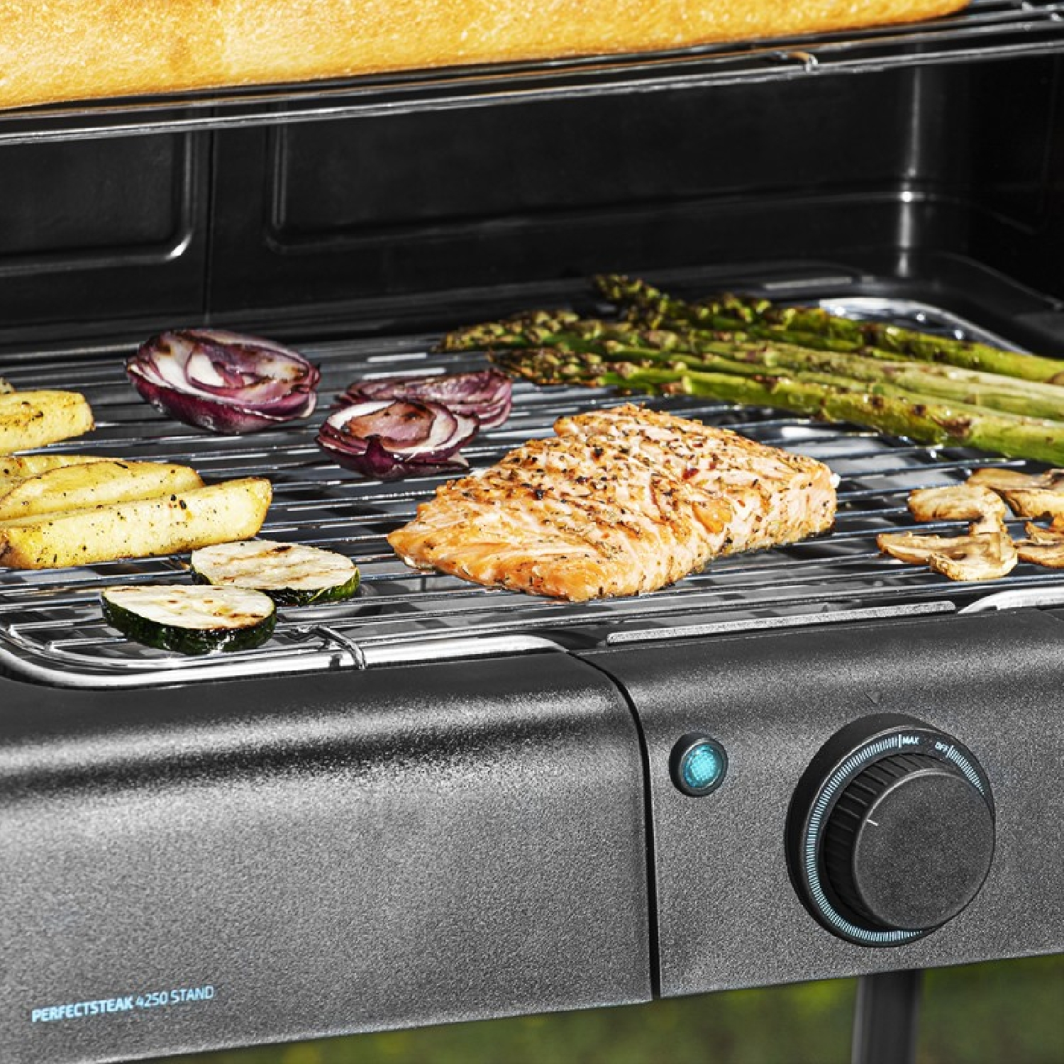 Essen auf einem Grill. Lachs, Spargel, Zwiebeln, Zucchini und Pilze sind auf dem Grill.