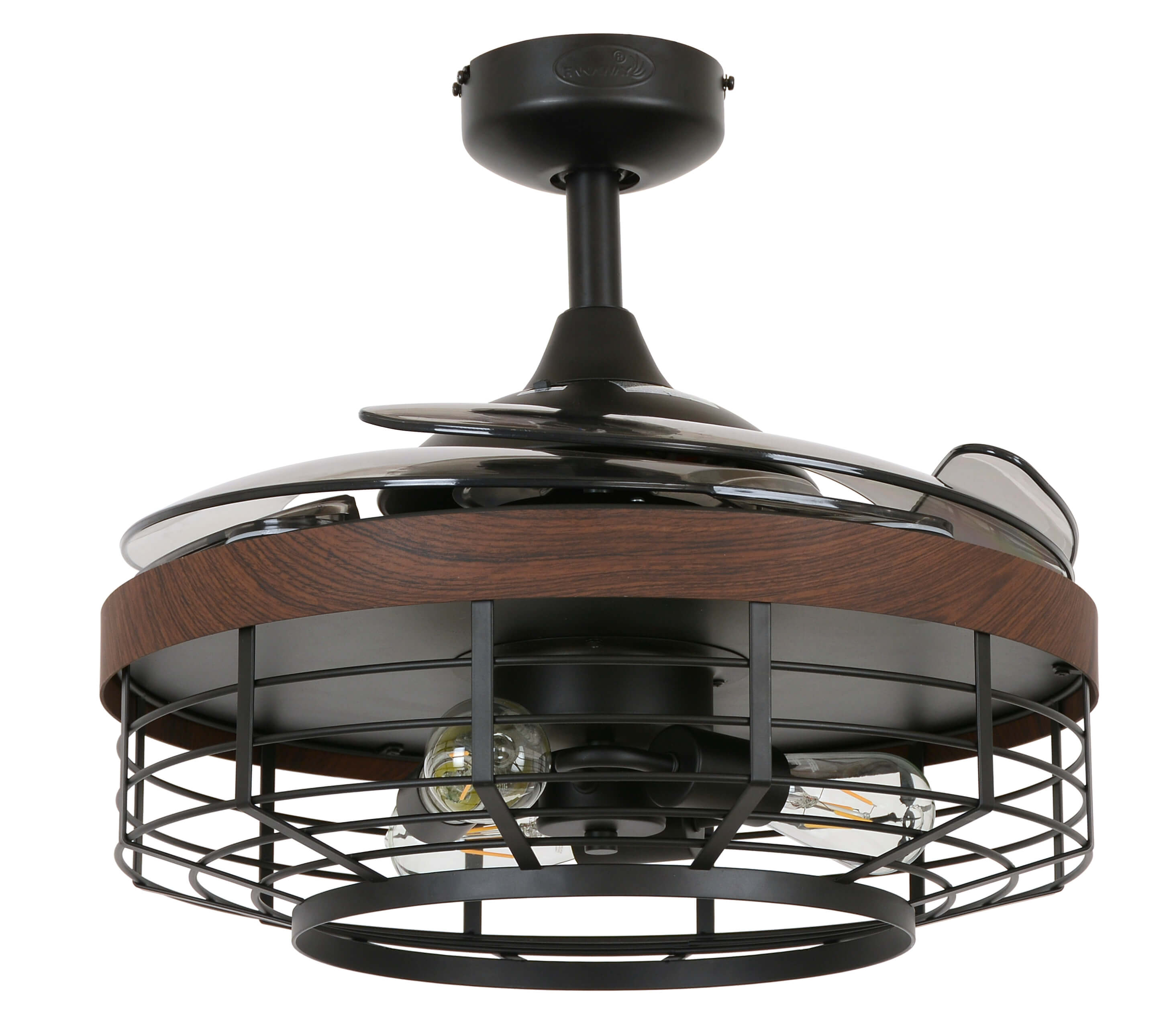 Schwarzer Deckenventilator mit Holzakzenten, zwei Glühbirnen und Metallkäfig.