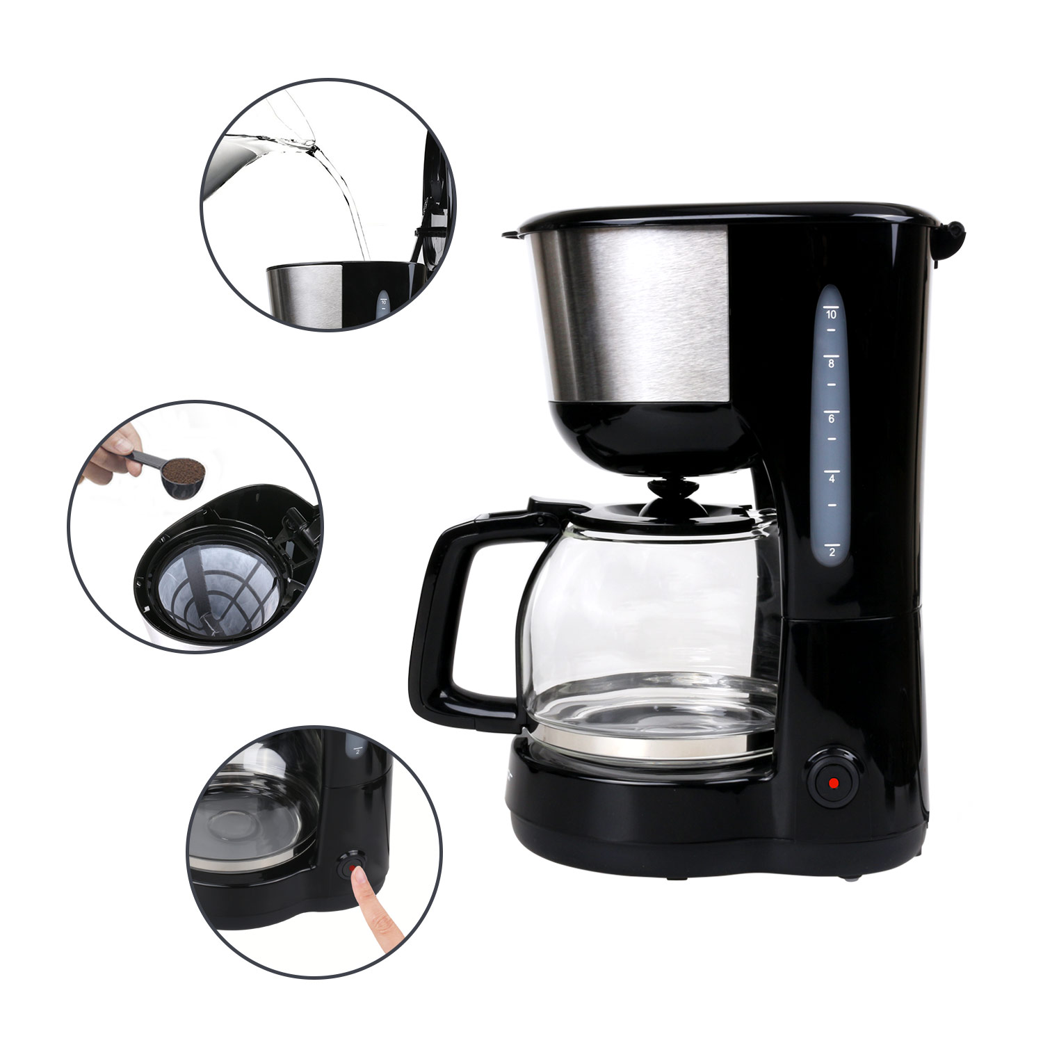 Schwarze Kaffeemaschine mit Details zum Wasserfüllen, Kaffeepulver und Ein-Aus-Taste.