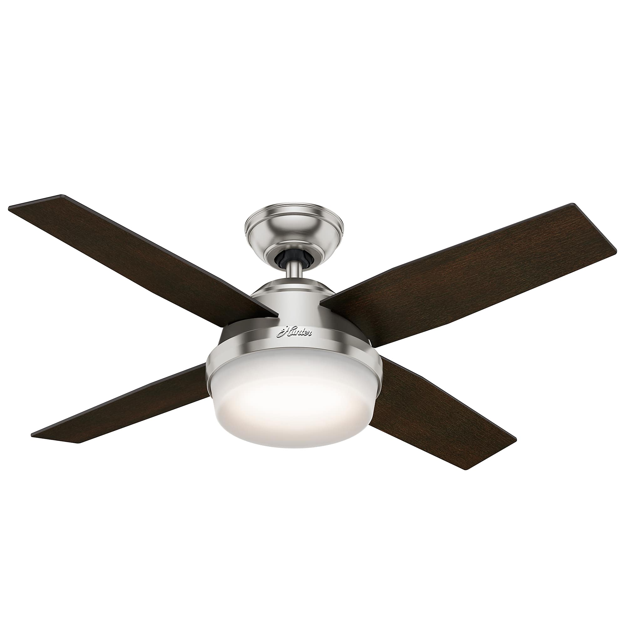 Deckenventilator mit dunkelbraunen Flügeln, silbernem Motorgehäuse und weißer Leuchte.