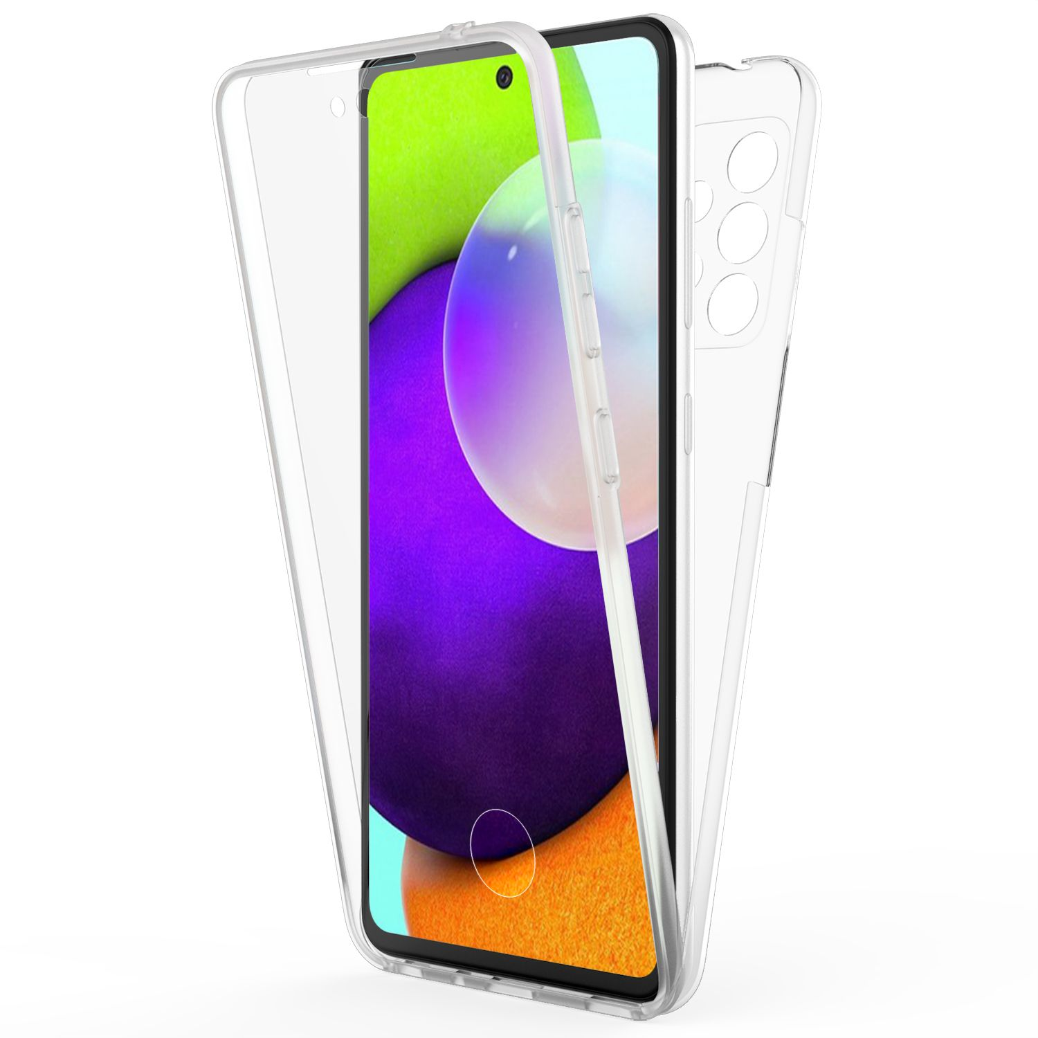 Transparente Handyhülle mit einem Telefon im Inneren, das den Bildschirm des Telefons mit farbenfrohem Hintergrund zeigt.