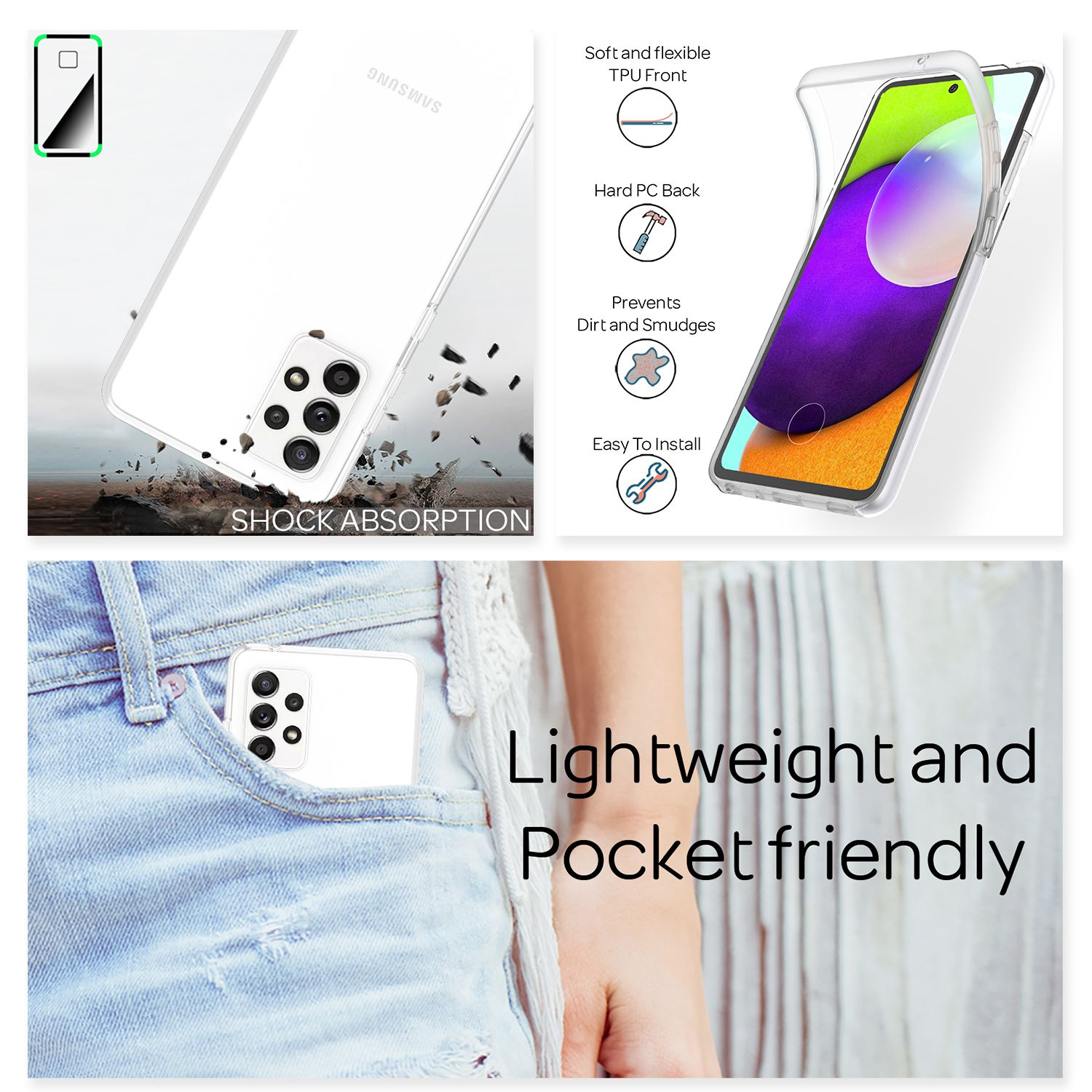 Eine weiße Handyhülle auf einem Telefon. Das Telefon befindet sich in einer Tasche. Die Hülle ist transparent.