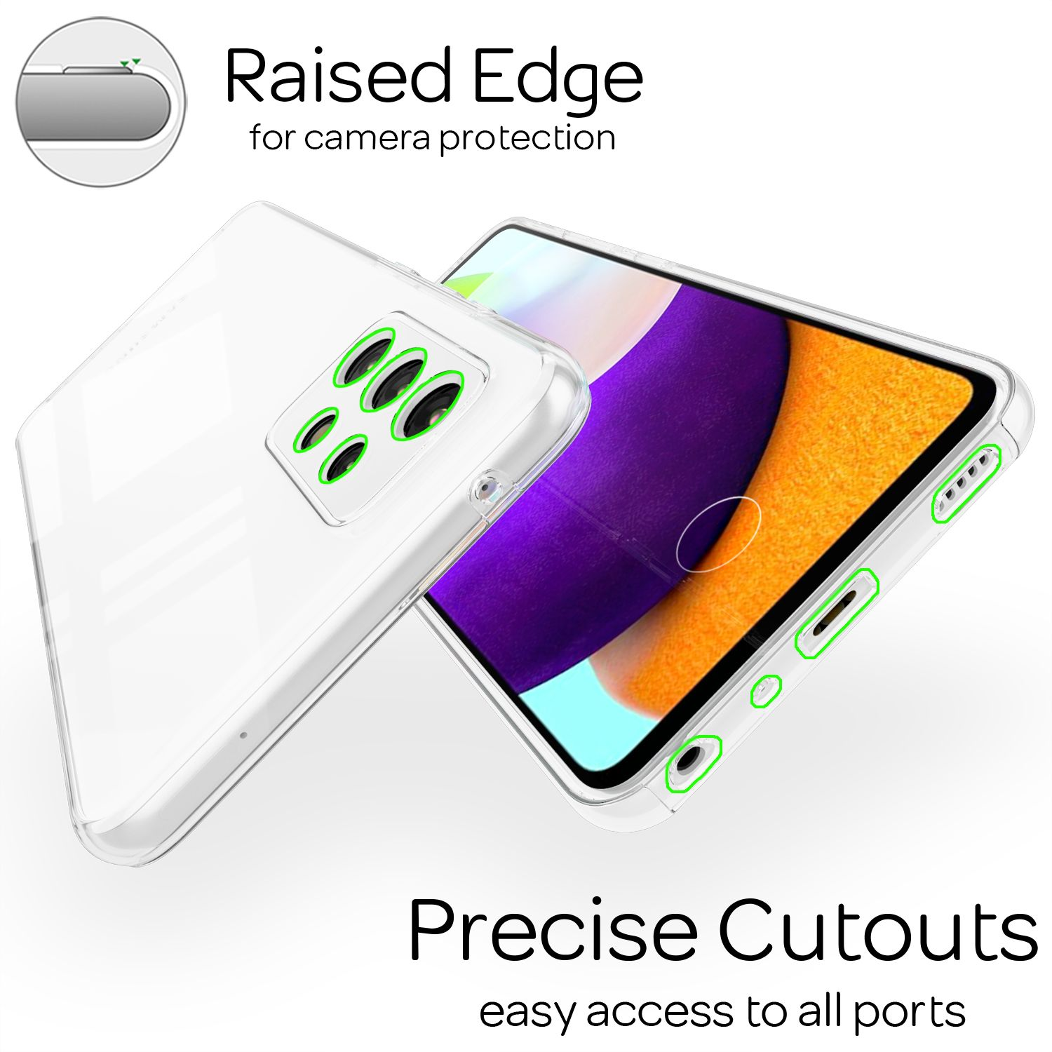 Zwei transparente Handyhüllen mit grünen Umrissen und präzisen Aussparungen, die ein Telefon zeigen.