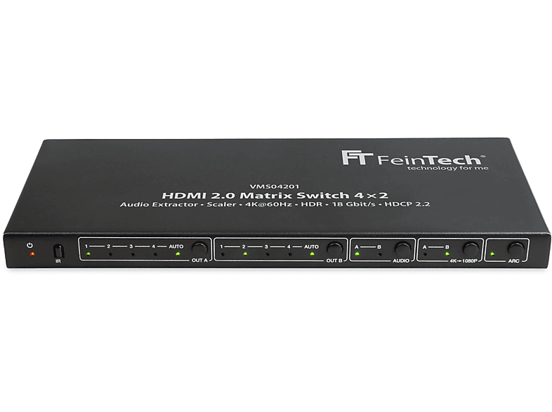 FeinTech VMS02400 HDMI 2.0 Matrix Switch – 2 Ingangen / 4 Uitgangen – Audio Extractor – 4K 60Hz HDR – Met Afstandsbediening – Voor Tv, Beamer En Monitor