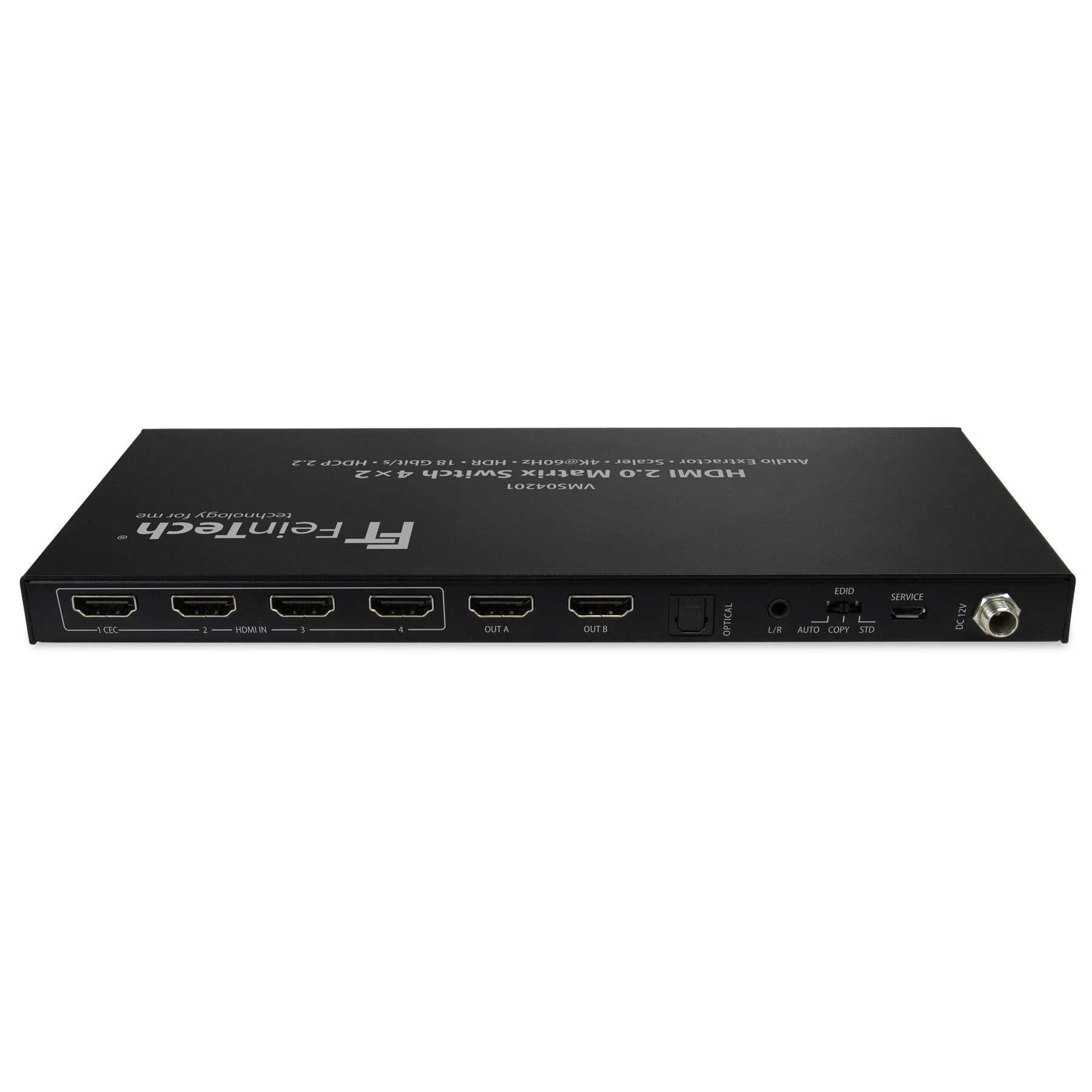 Schwarzer HDMI-Switch mit mehreren Eingangs- und Ausgangsanschlüssen. Das Gerät befindet sich auf einer weißen Oberfläche.