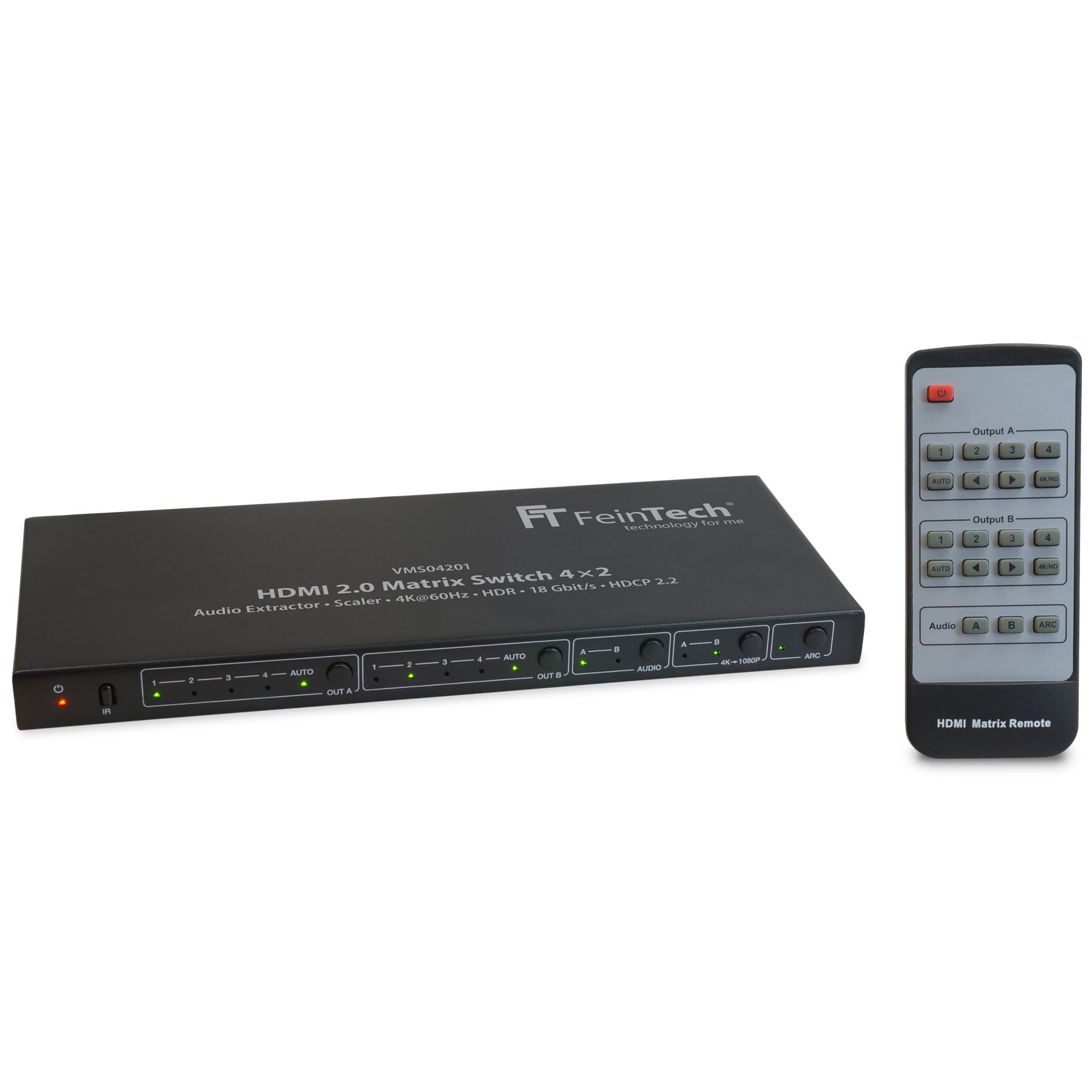 HDMI-Matrix-Switch mit Fernbedienung. Schwarzes Gerät mit mehreren Anschlüssen und Fernbedienung.