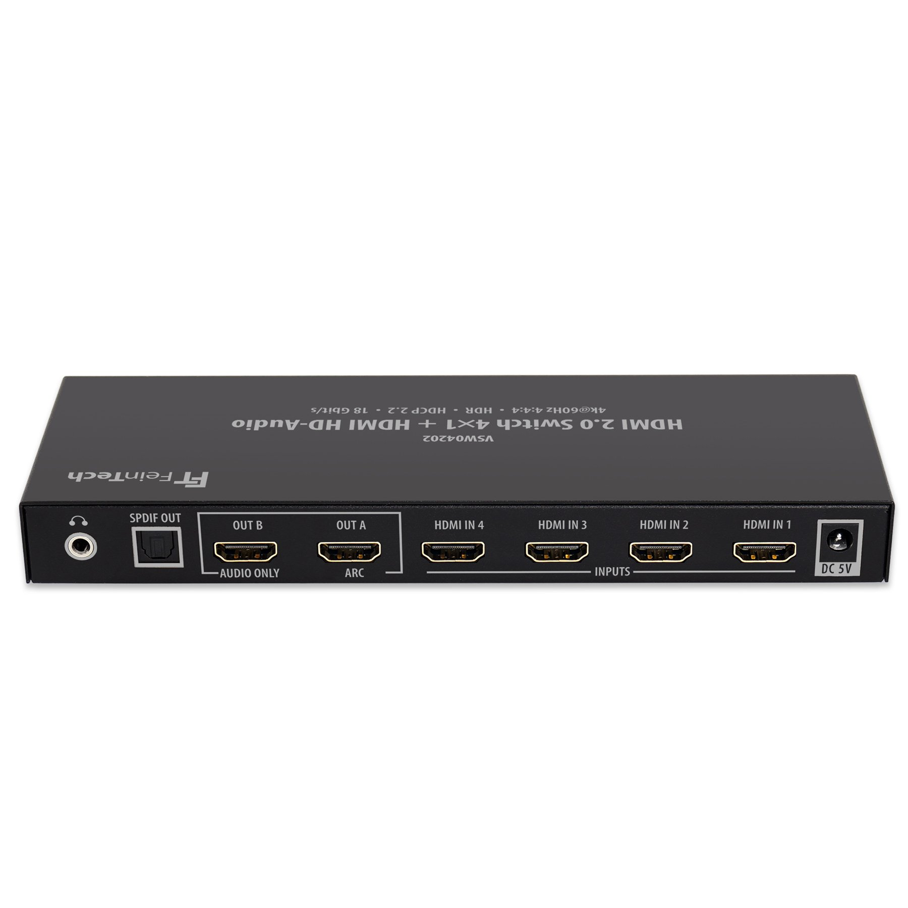 Schwarzer HDMI-Switch mit Ein- und Ausgängen und Text: 'HDMI 2.0 Switch 4x1 + HDMI HD-Audio'.