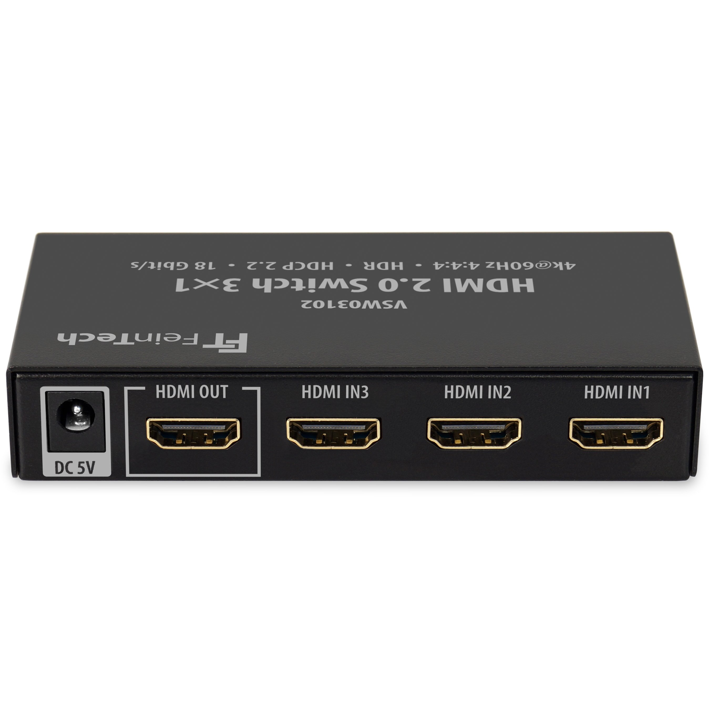 Switch HDMI nero con ingressi e uscite etichettate. Testo: 'HDMI 2.0 Switch 3x1'.
