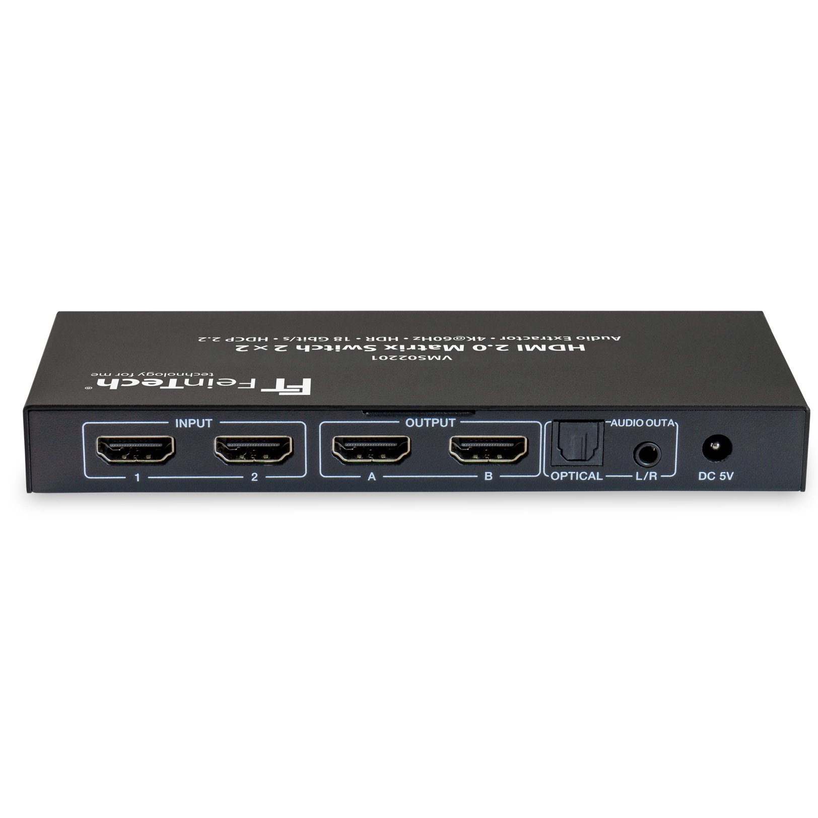 Ein schwarzer HDMI-Switch mit Ein- und Ausgangsanschlüssen, mit schwarzem und silbernem Finish und Beschriftungen.