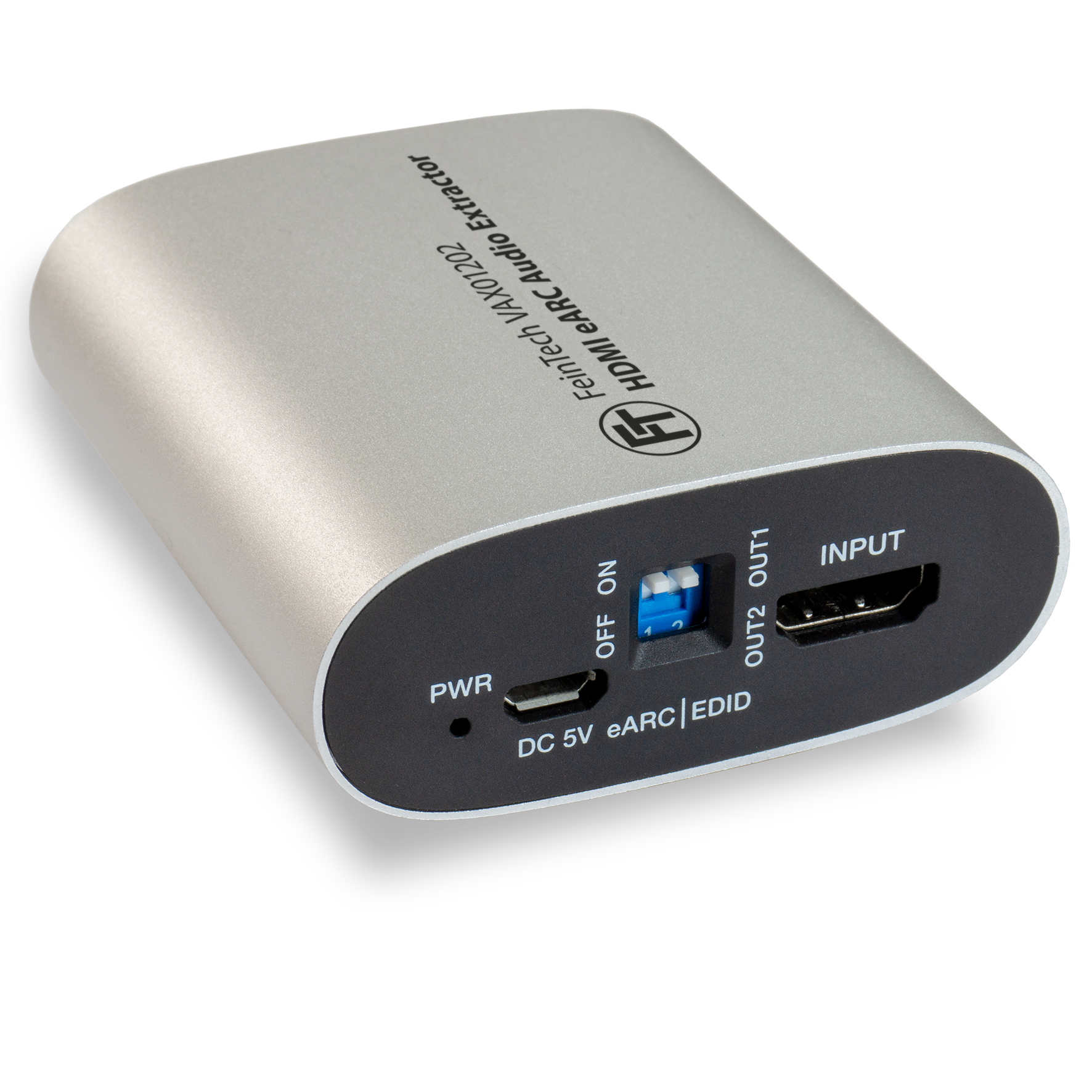 Estrattore audio HDMI eARC argentato con porte di ingresso e uscita, pannello nero. La parte superiore è argentata.