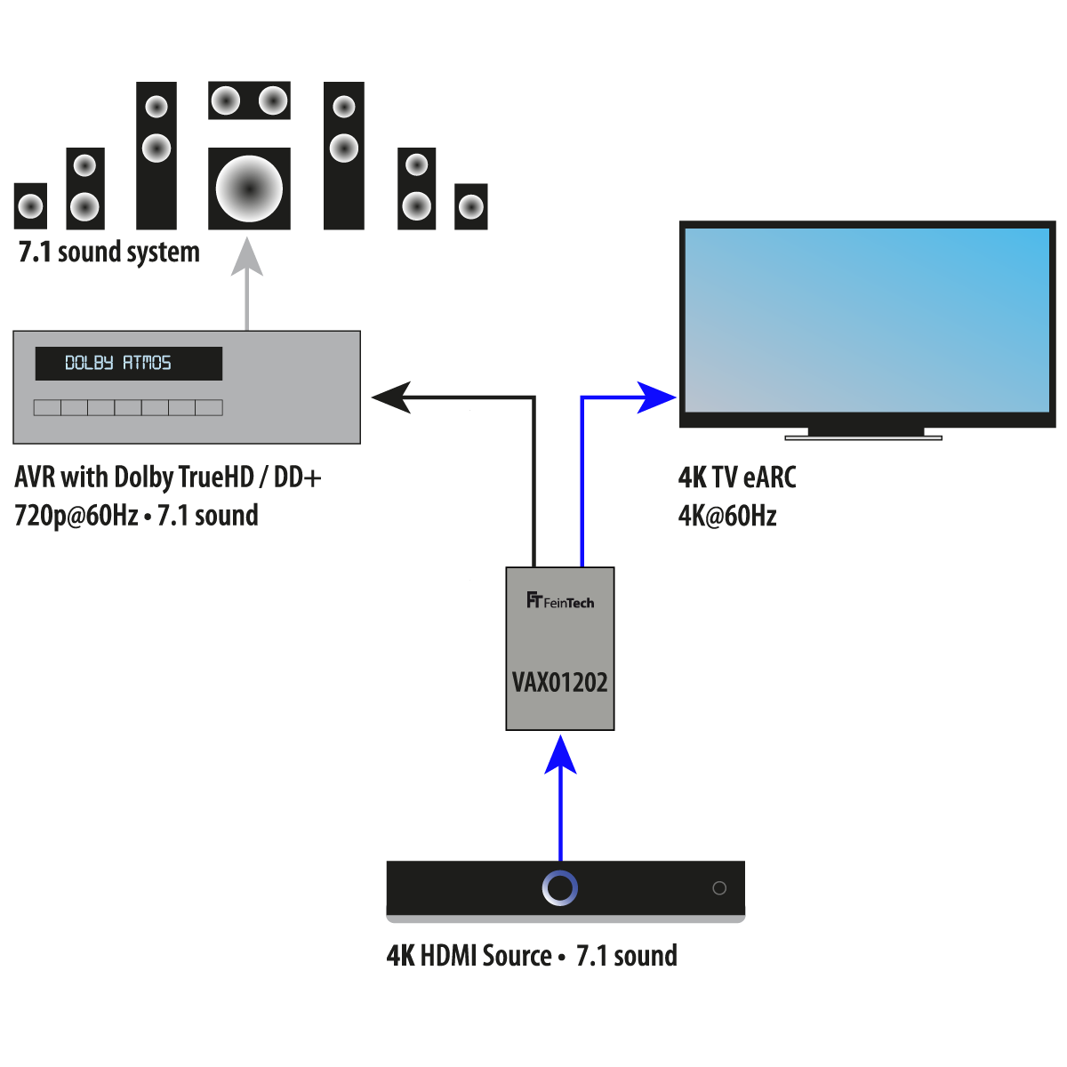 Diagramm eines 7.1-Soundsystems, das die Verbindungen zu AVR, TV und einer Quelle zeigt.