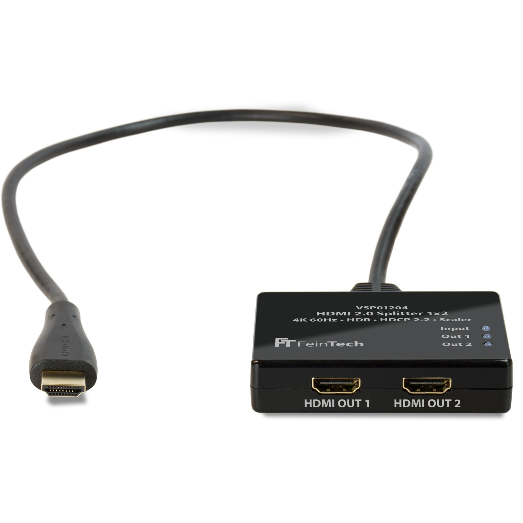Uno splitter HDMI nero con un cavo e due uscite HDMI, su sfondo bianco.