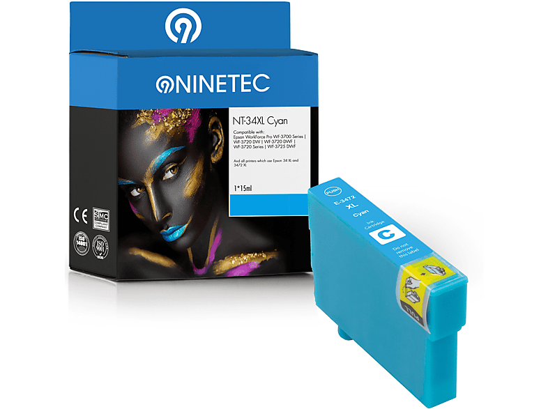 NINETEC 1 Patrone ersetzt Epson T3472 34XL Tintenpatronen cyan (C 13 T 34724010)