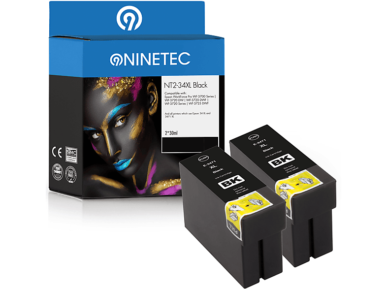 NINETEC 2er Set 34XL (C black T3471 Tintenpatronen 34714010) 13 T Epson ersetzt